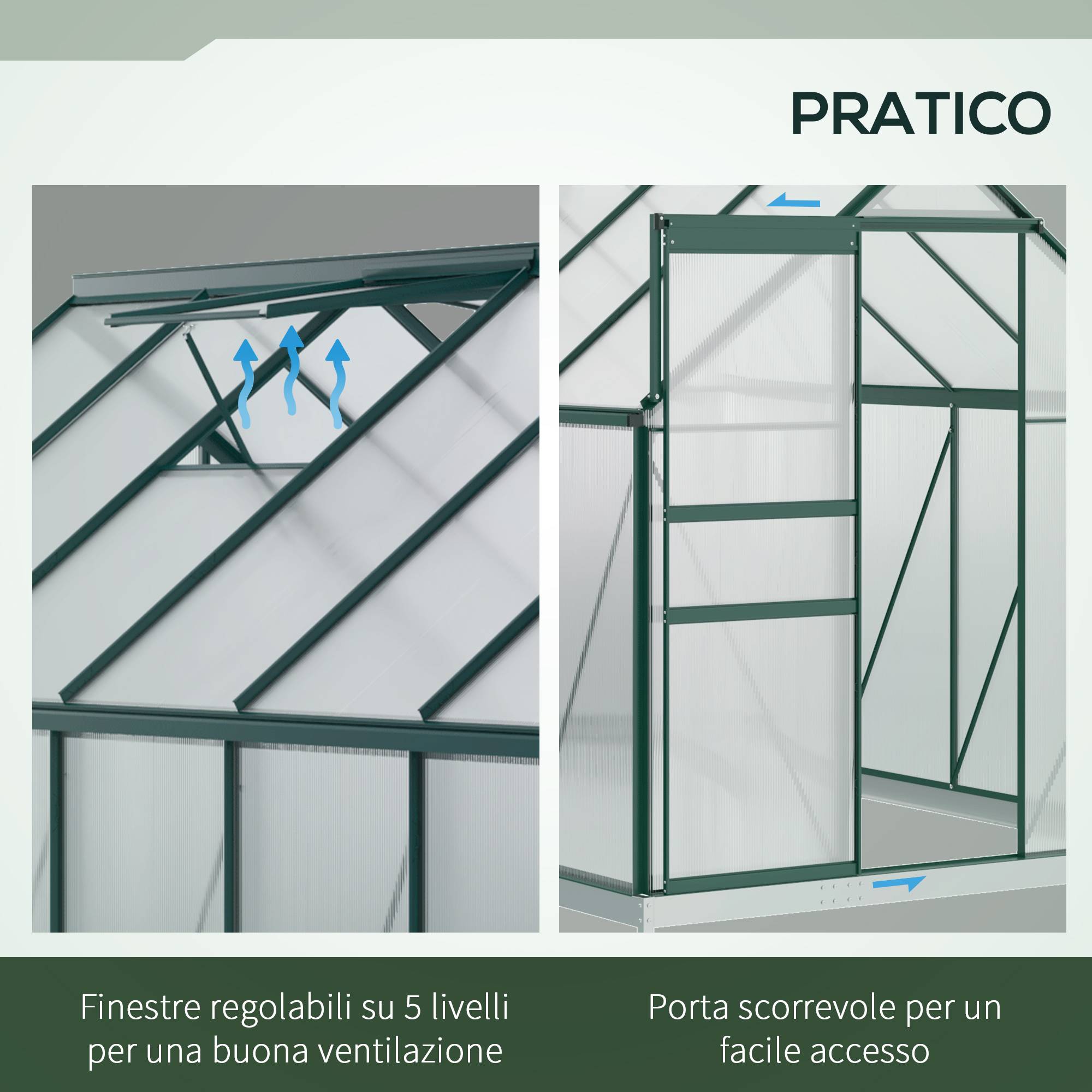 Grande serre de jardin rigide en polycarbonate structure aluminium pour hivernage cultures 190x375x199cm vert - Image 7