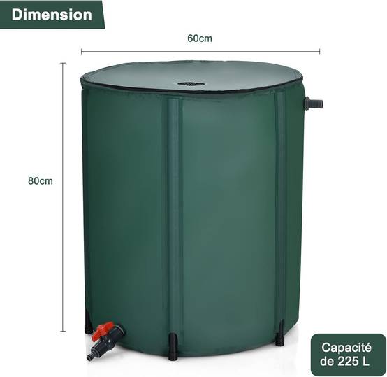 Récupérateur d'eau de pluie pliable de 225 l avec robinet, vanne de sécurité filet filtrant - Image 5