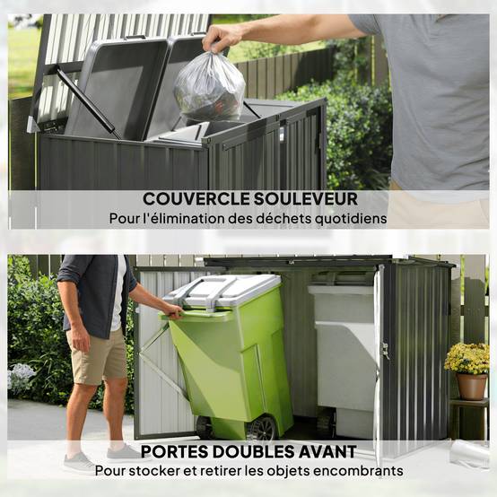 Cache Poubelle Extérieur 1,2 m² pour 2 Poubelles Double Porte à Serrures 150 x 80 x 117 cm - Image 9