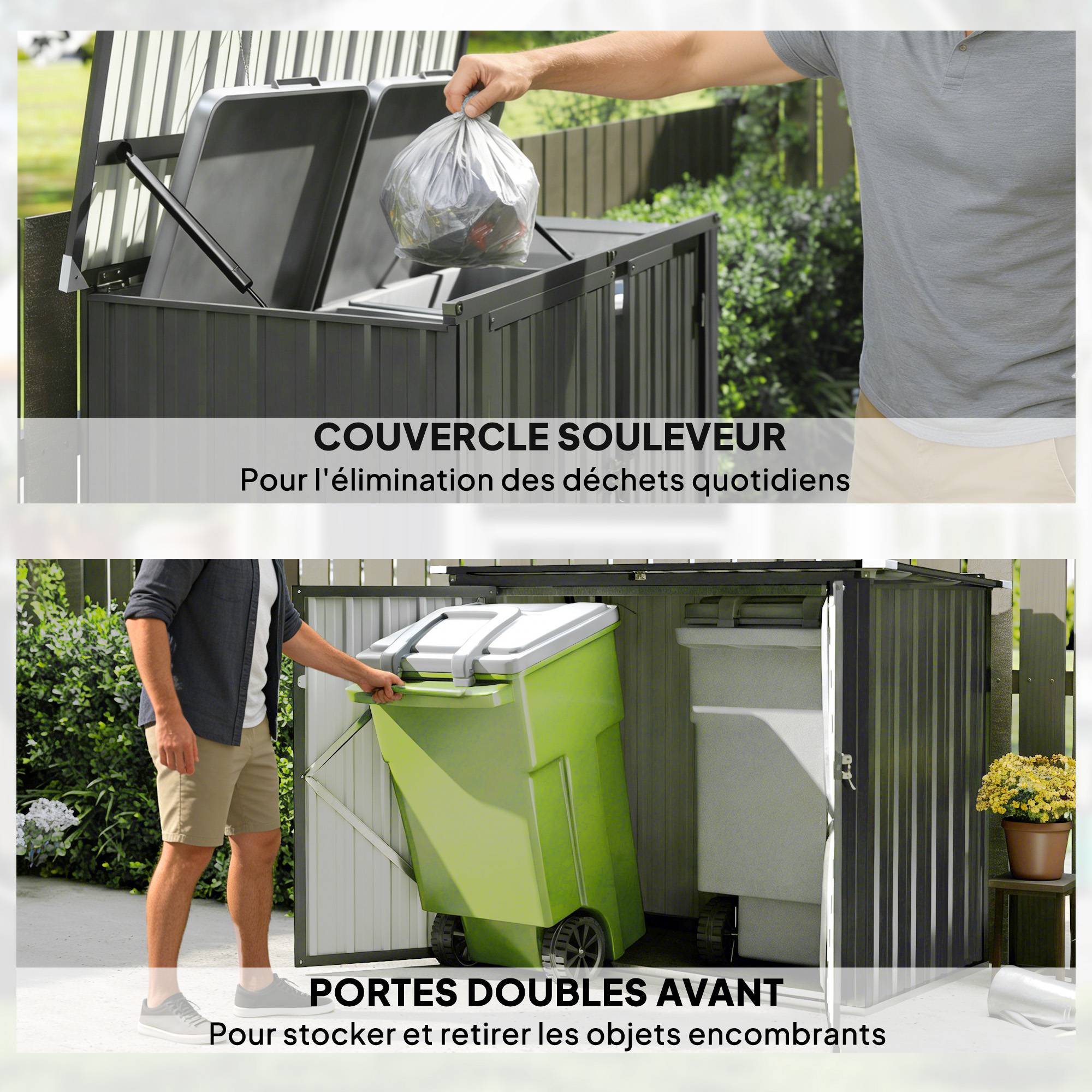 Cache Poubelle Extérieur 1,2 m² pour 2 Poubelles Double Porte à Serrures 150 x 80 x 117 cm - Image 9