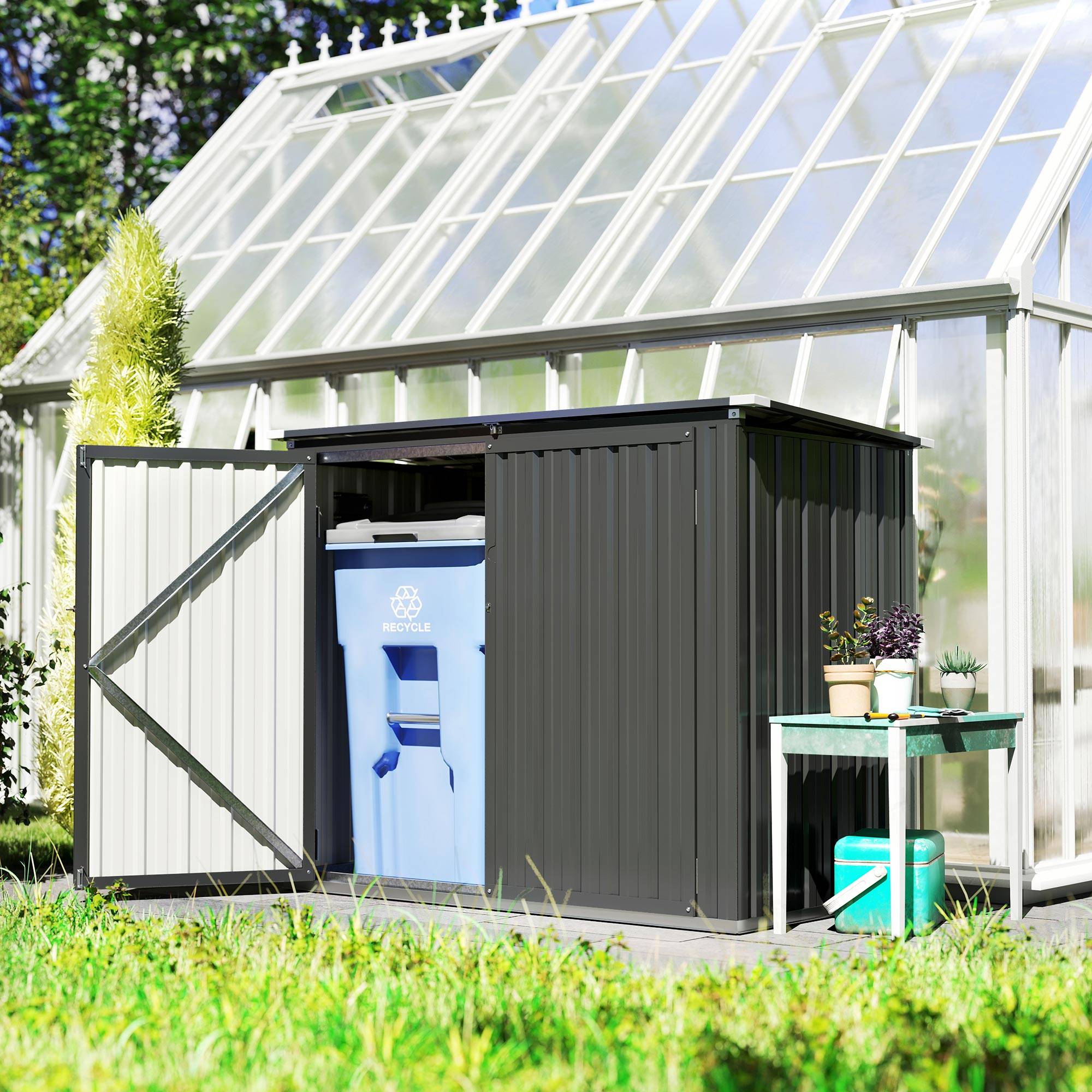 Cache Poubelle Extérieur 1,2 m² pour 2 Poubelles Double Porte à Serrures 150 x 80 x 117 cm - Image 3