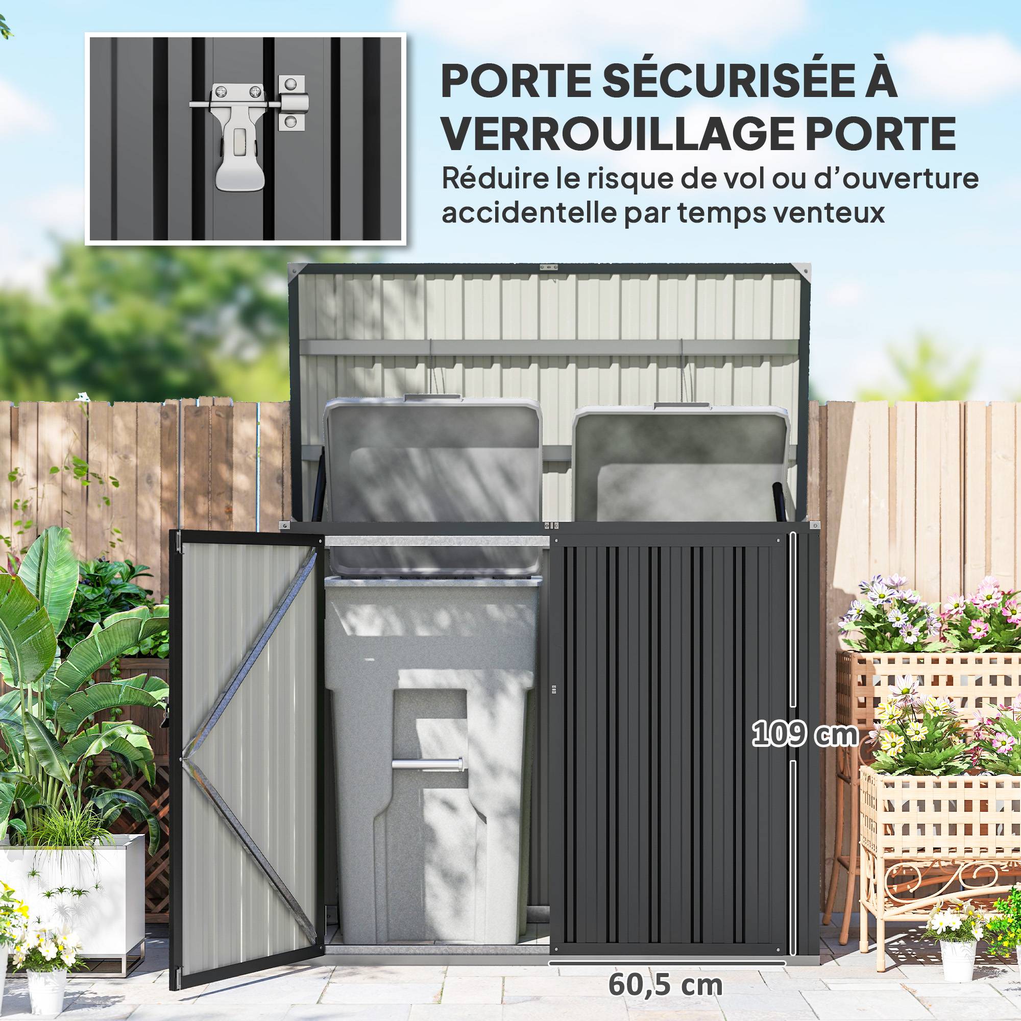 Cache Poubelle Extérieur 1,2 m² pour 2 Poubelles Double Porte à Serrures 150 x 80 x 117 cm - Image 7