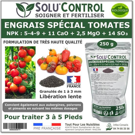 SOLU’CONTROL - 250 g Engrais Spécial Tomates, Aubergines, Poivrons, Piments - Formulation haute qualité Organo-Minerale - UAB - Image 1