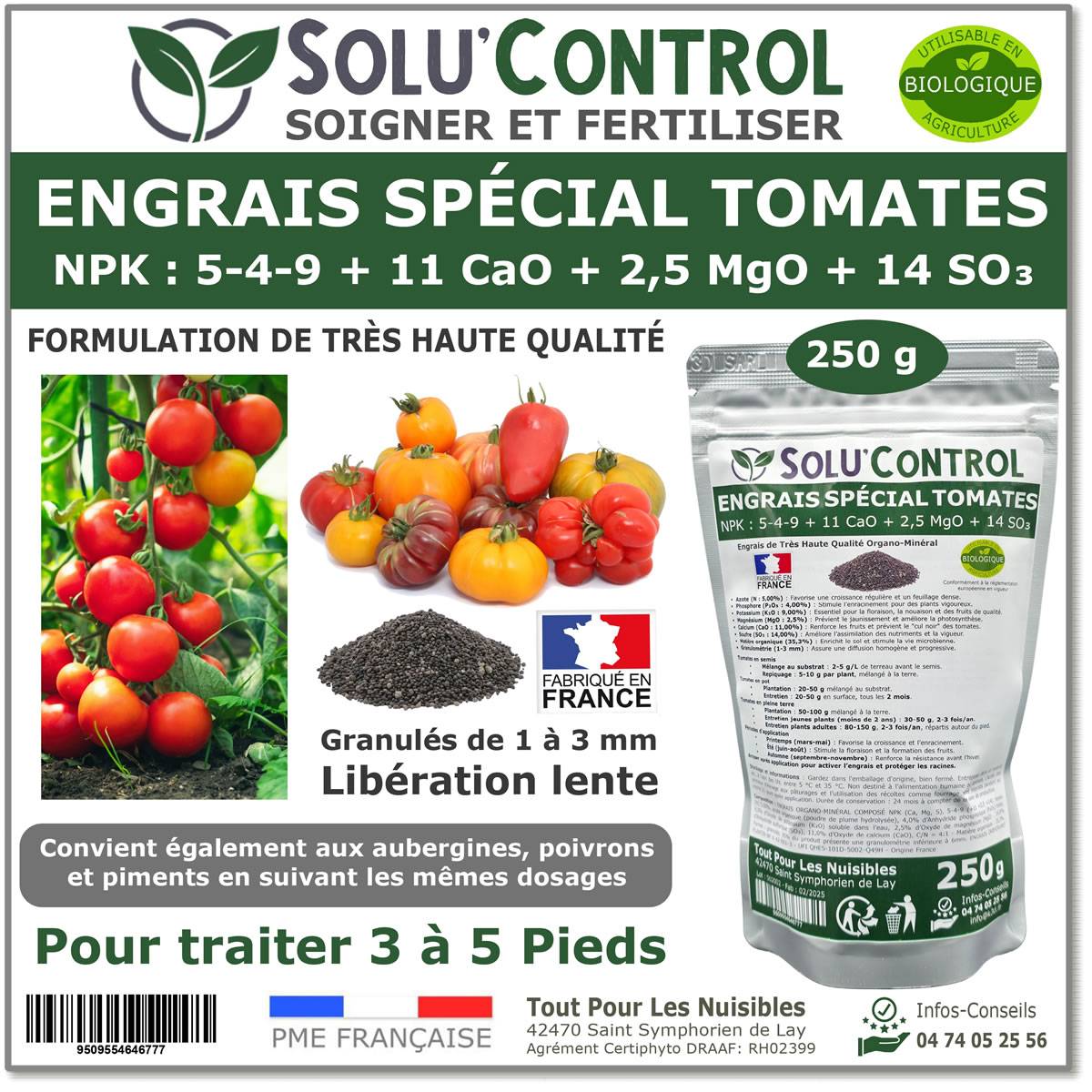 SOLU’CONTROL - 250 g Engrais Spécial Tomates, Aubergines, Poivrons, Piments - Formulation haute qualité Organo-Minerale - UAB - Image 1