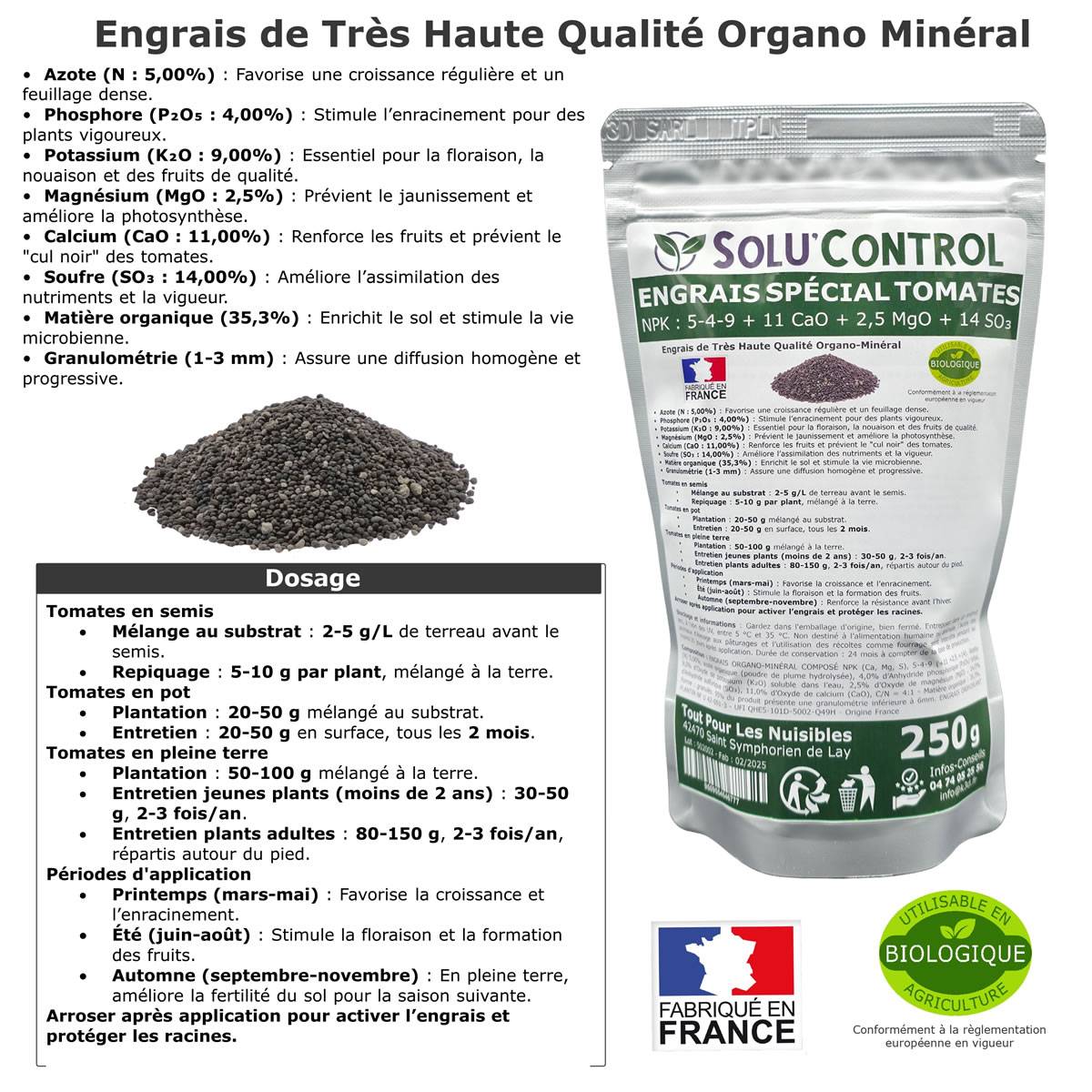 SOLU’CONTROL - 250 g Engrais Spécial Tomates, Aubergines, Poivrons, Piments - Formulation haute qualité Organo-Minerale - UAB - Image 2