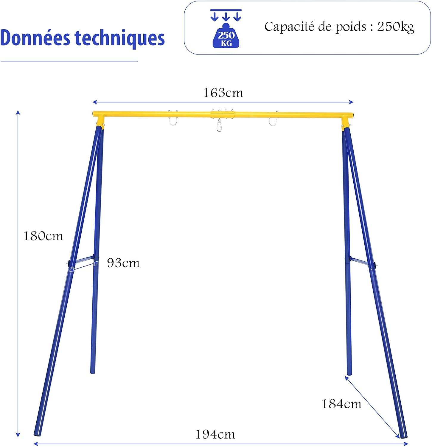 Portique de balançoire charge 250kg avec 2 méthodes de fixation piquets d'ancrage 194x180x180cm - Image 4