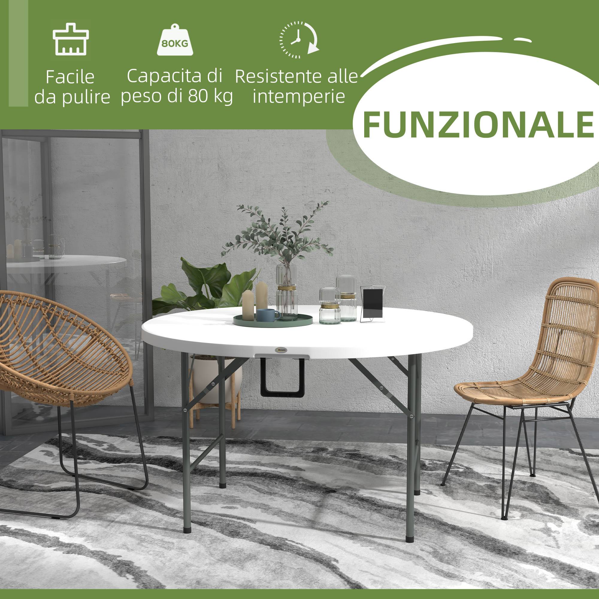 Table pliante de jardin et de camping, en acier et PEHD, Ø 122 x 73 cm, grise et blanche - Image 7