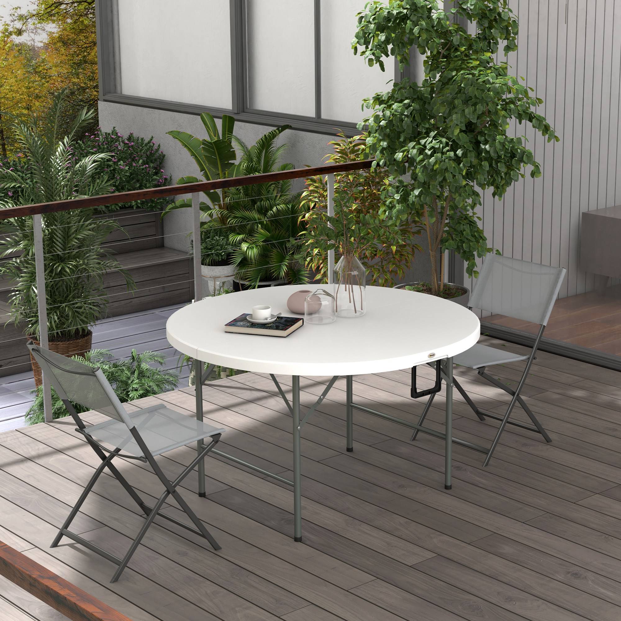 Table pliante de jardin et de camping, en acier et PEHD, Ø 122 x 73 cm, grise et blanche - Image 4
