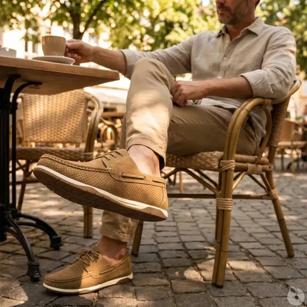 Chaussures bateau homme en synthétique camel - Tige basse - Image 3