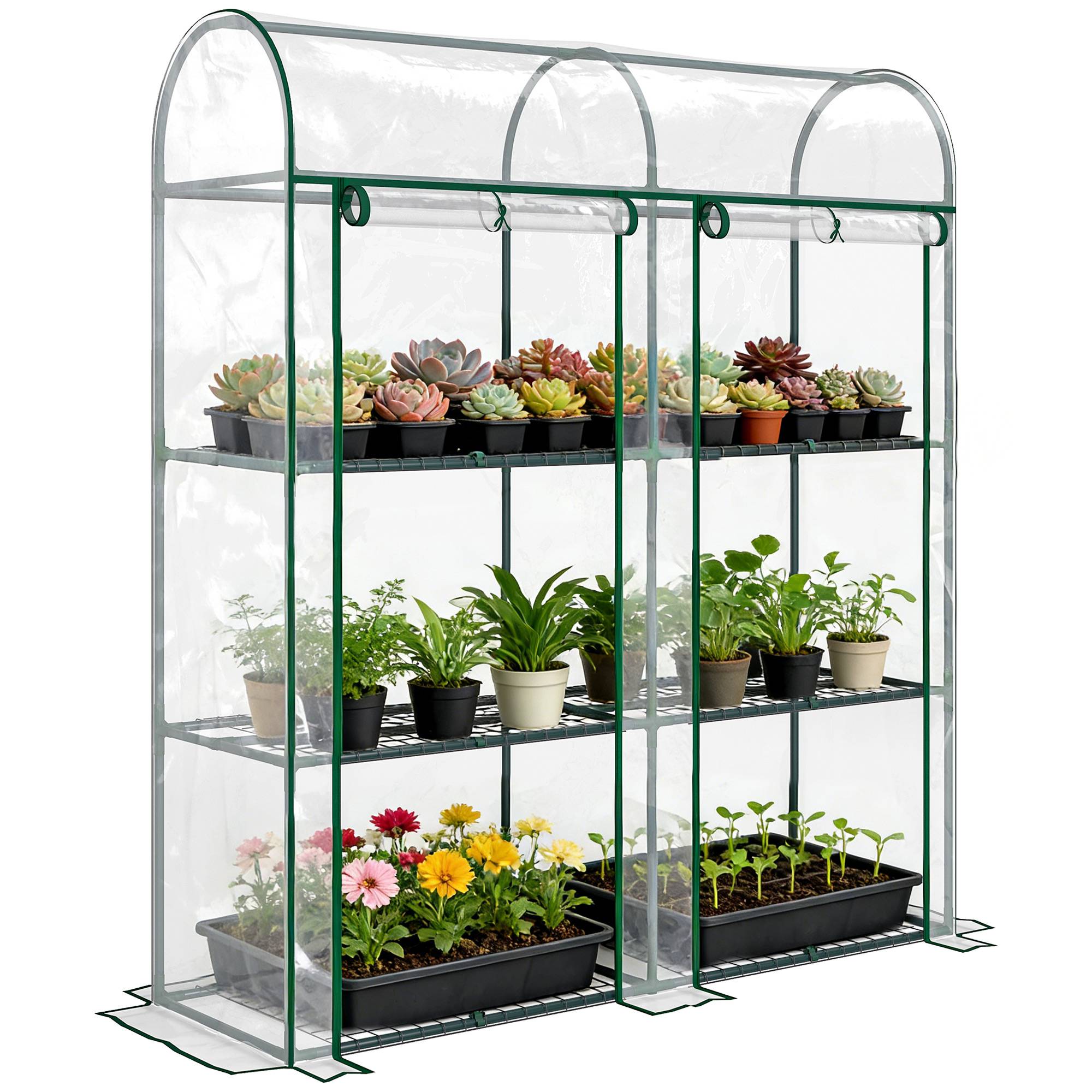 Sans Marque - Serre de Jardin avec étagères 3 niveaux, Petite Serre en Bâche PVC et Châssis Acier, 2 Portes Roulantes, Transparent - Image 1
