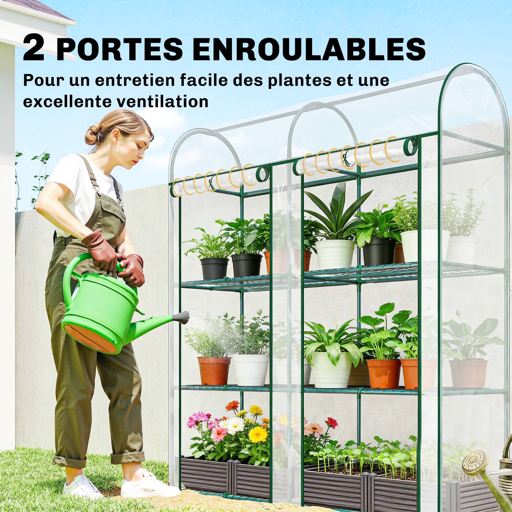 Sans Marque - Serre de Jardin avec étagères 3 niveaux, Petite Serre en Bâche PVC et Châssis Acier, 2 Portes Roulantes, Transparent - Image 7