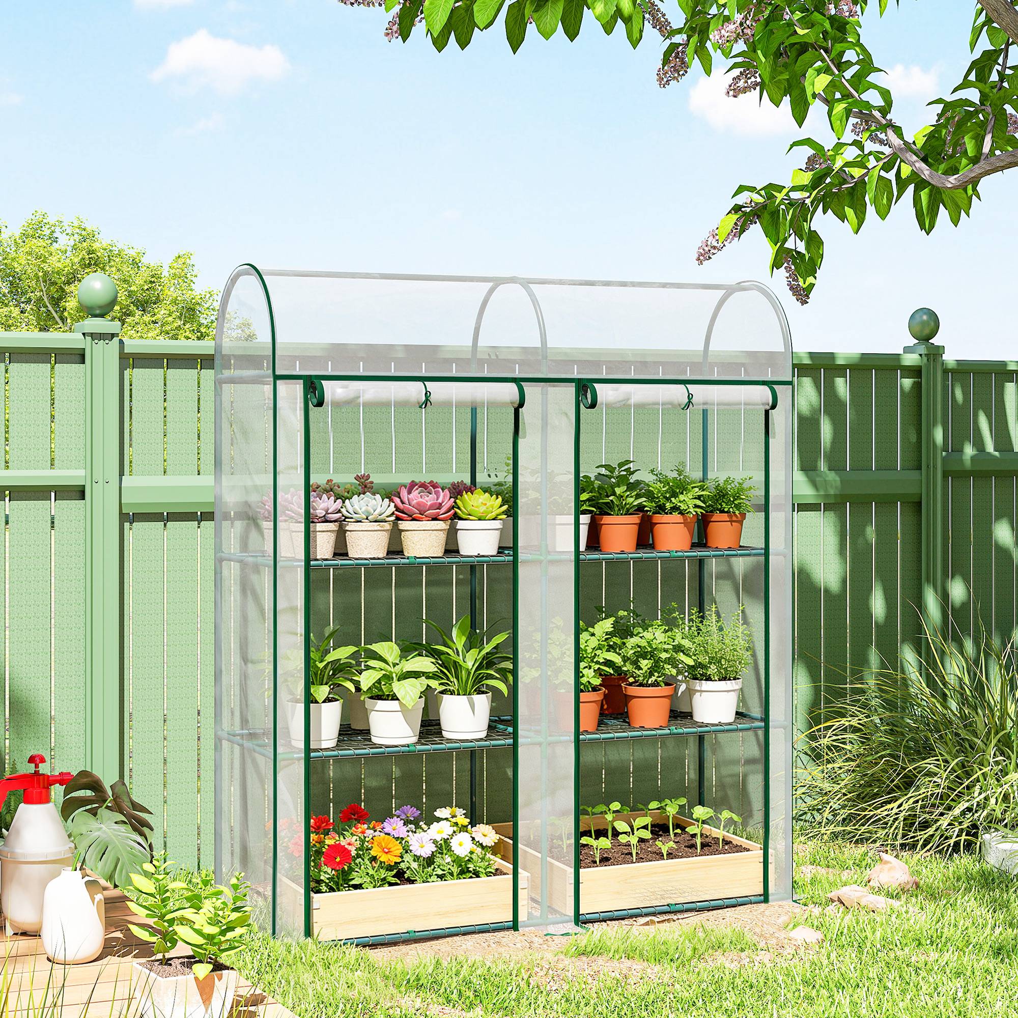 Sans Marque - Serre de Jardin avec étagères 3 niveaux, Petite Serre en Bâche PVC et Châssis Acier, 2 Portes Roulantes, Transparent - Image 4