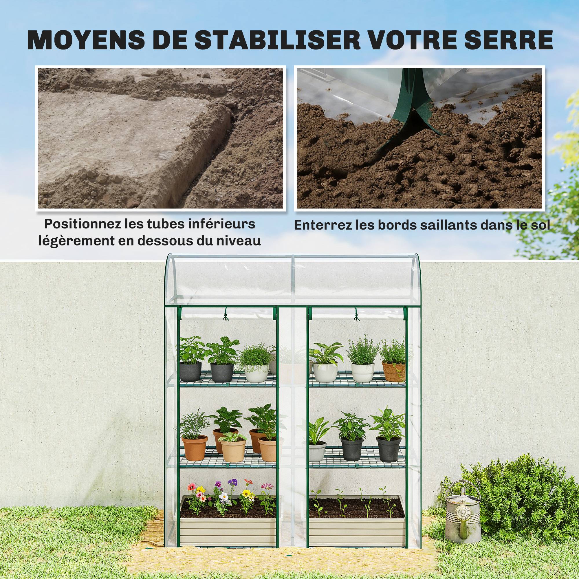 Sans Marque - Serre de Jardin avec étagères 3 niveaux, Petite Serre en Bâche PVC et Châssis Acier, 2 Portes Roulantes, Transparent - Image 8