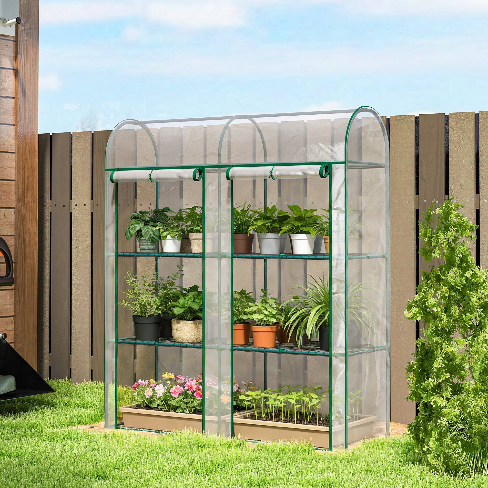 Sans Marque - Serre de Jardin avec étagères 3 niveaux, Petite Serre en Bâche PVC et Châssis Acier, 2 Portes Roulantes, Transparent - Image 3