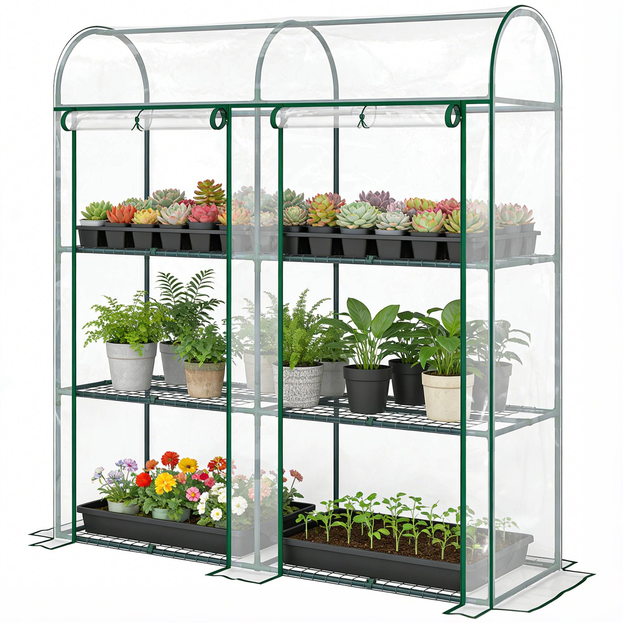 Sans Marque - Serre de Jardin avec étagères 3 niveaux, Petite Serre en Bâche PVC et Châssis Acier, 2 Portes Roulantes, Transparent - Image 2