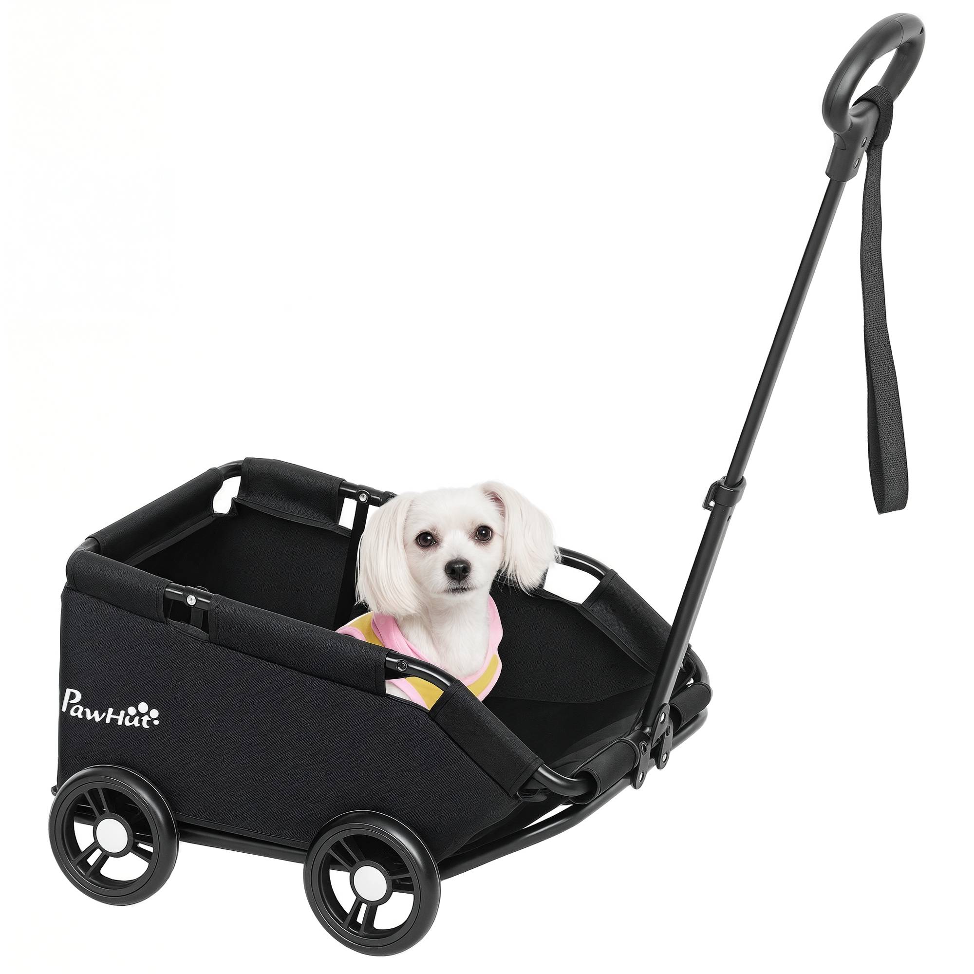 Poussette pour animaux avec barre de poussée réglable, design ouvert, coussin et roues 53x45x28 cm Noir - Image 1