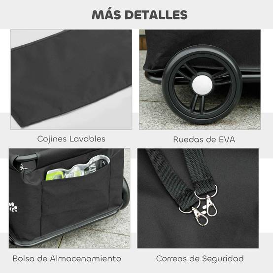 Poussette pour animaux avec barre de poussée réglable, design ouvert, coussin et roues 53x45x28 cm Noir - Image 9