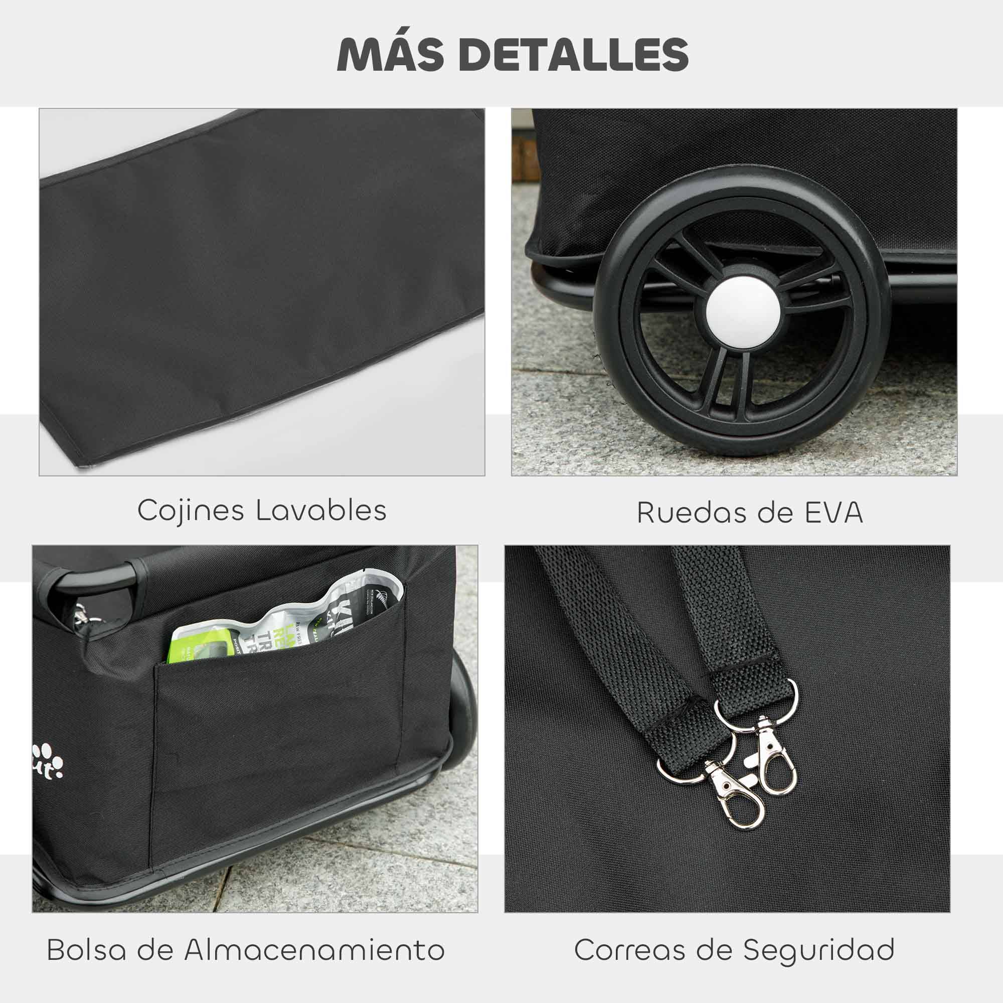 Poussette pour animaux avec barre de poussée réglable, design ouvert, coussin et roues 53x45x28 cm Noir - Image 9