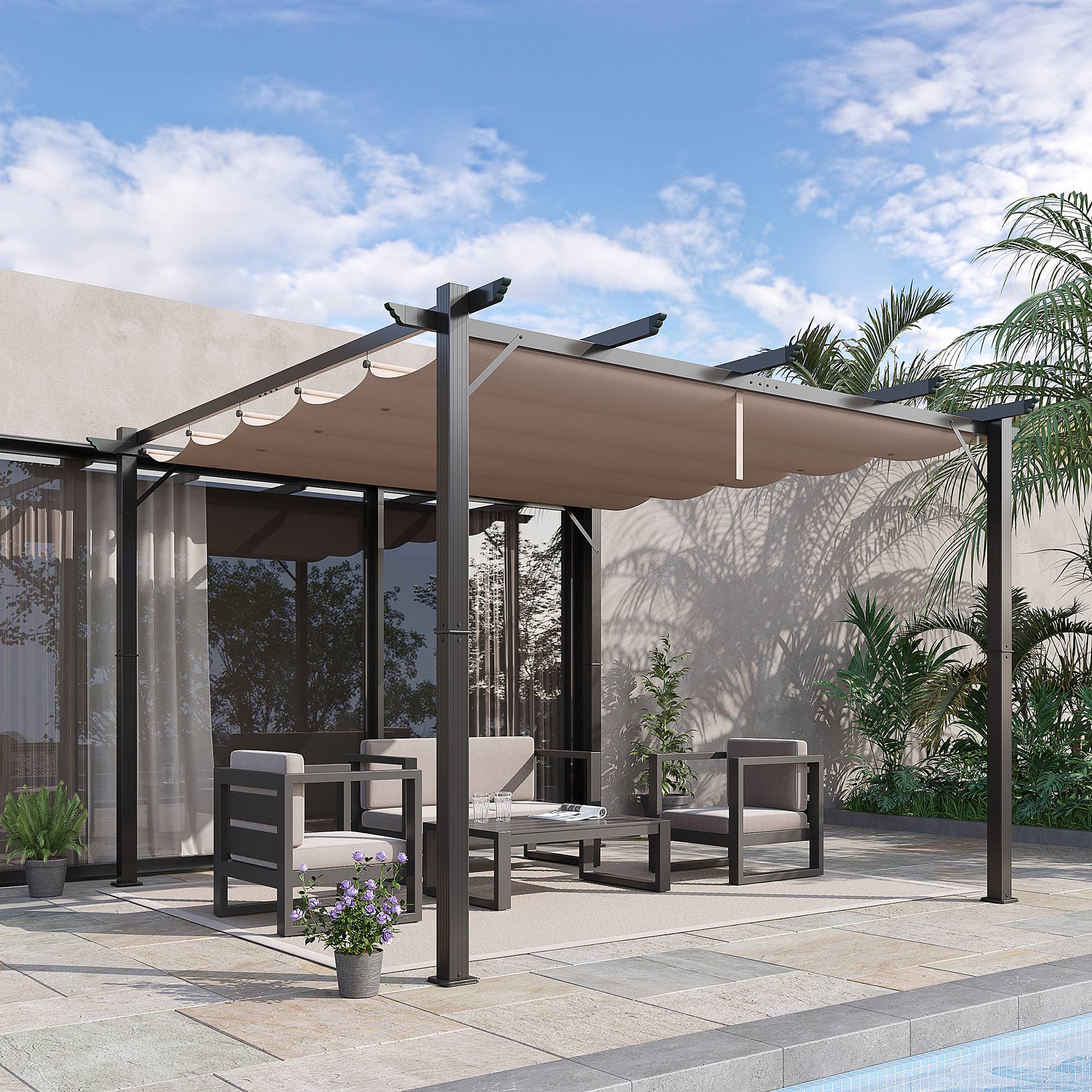 Pergola de Jardin 3x3 m avec Toit Rétractable Anti UV et Cadre en Aluminium, Gris - Image 4