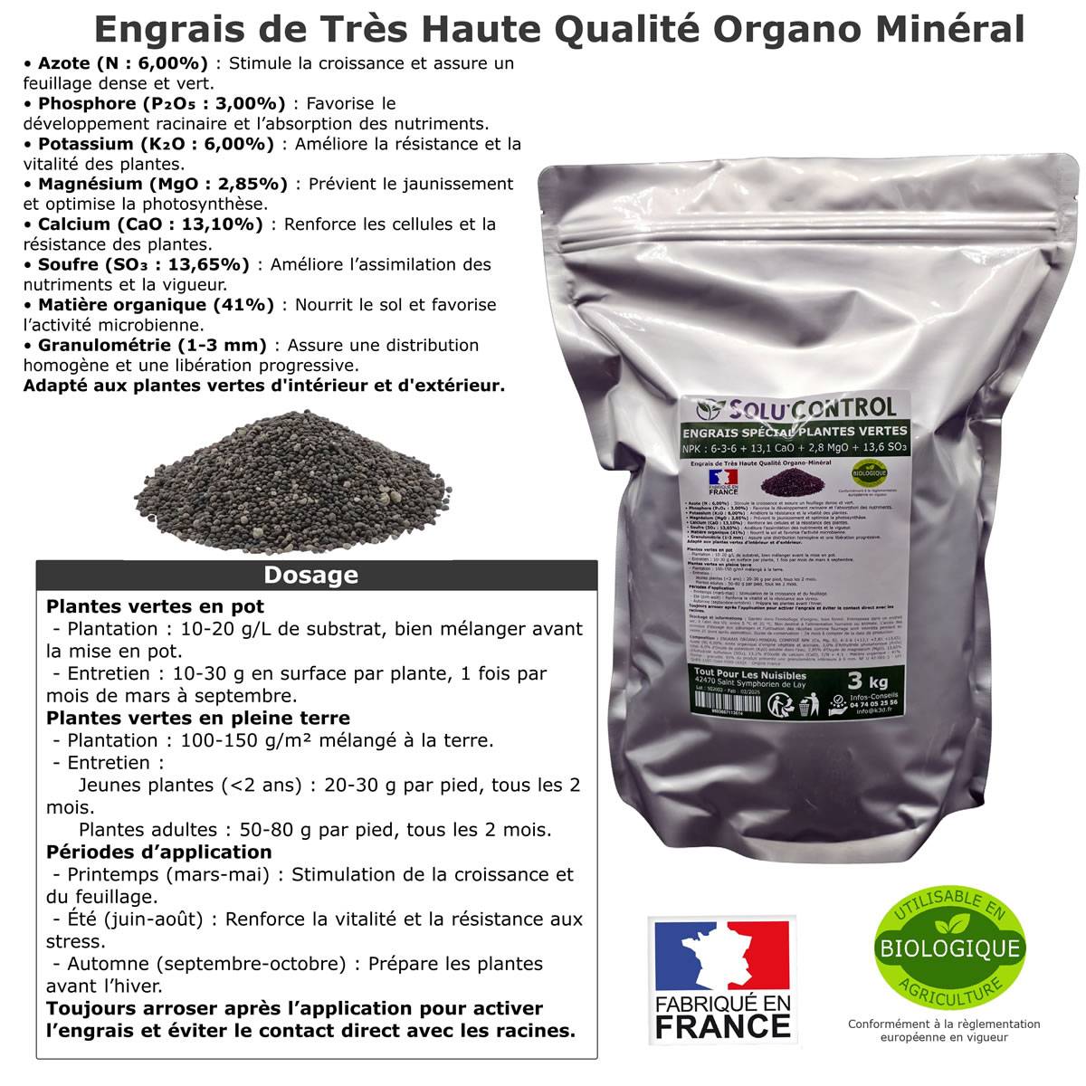 SOLU’CONTROL - 3 kg d'Engrais Spécial Plantes Vertes 6-3-6 - Croissance, Feuillage Dense & Vitalité - Formulation Organo-Minerale - Image 3