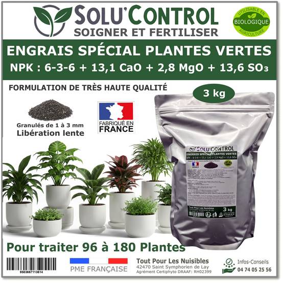 SOLU’CONTROL - 3 kg d'Engrais Spécial Plantes Vertes 6-3-6 - Croissance, Feuillage Dense & Vitalité - Formulation Organo-Minerale - Image 1