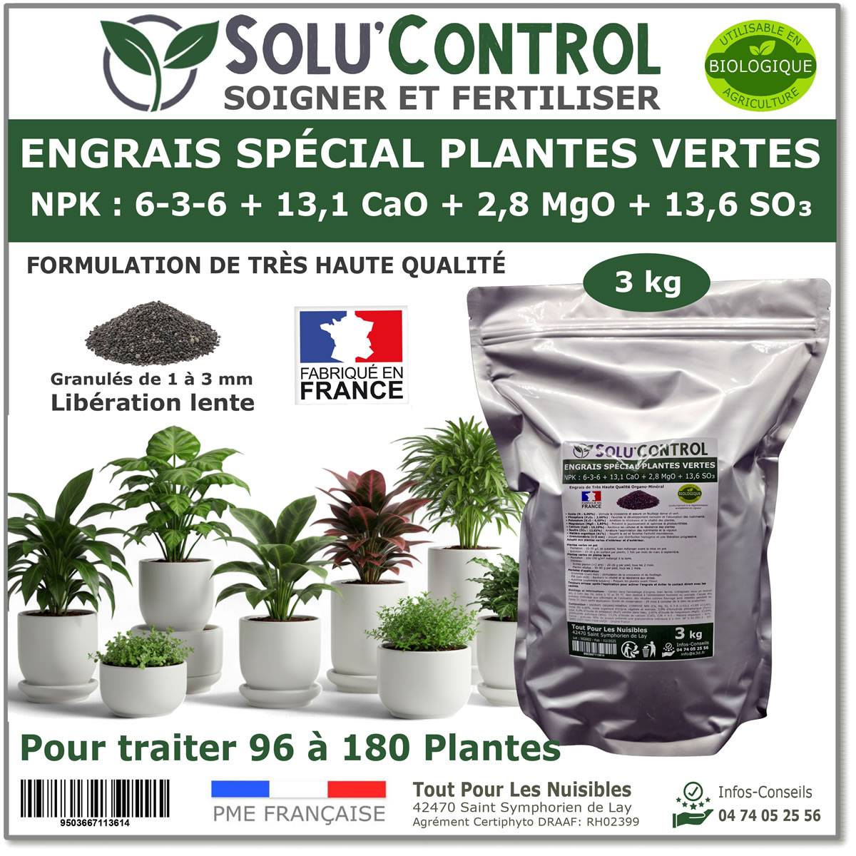 SOLU’CONTROL - 3 kg d'Engrais Spécial Plantes Vertes 6-3-6 - Croissance, Feuillage Dense & Vitalité - Formulation Organo-Minerale - Image 1