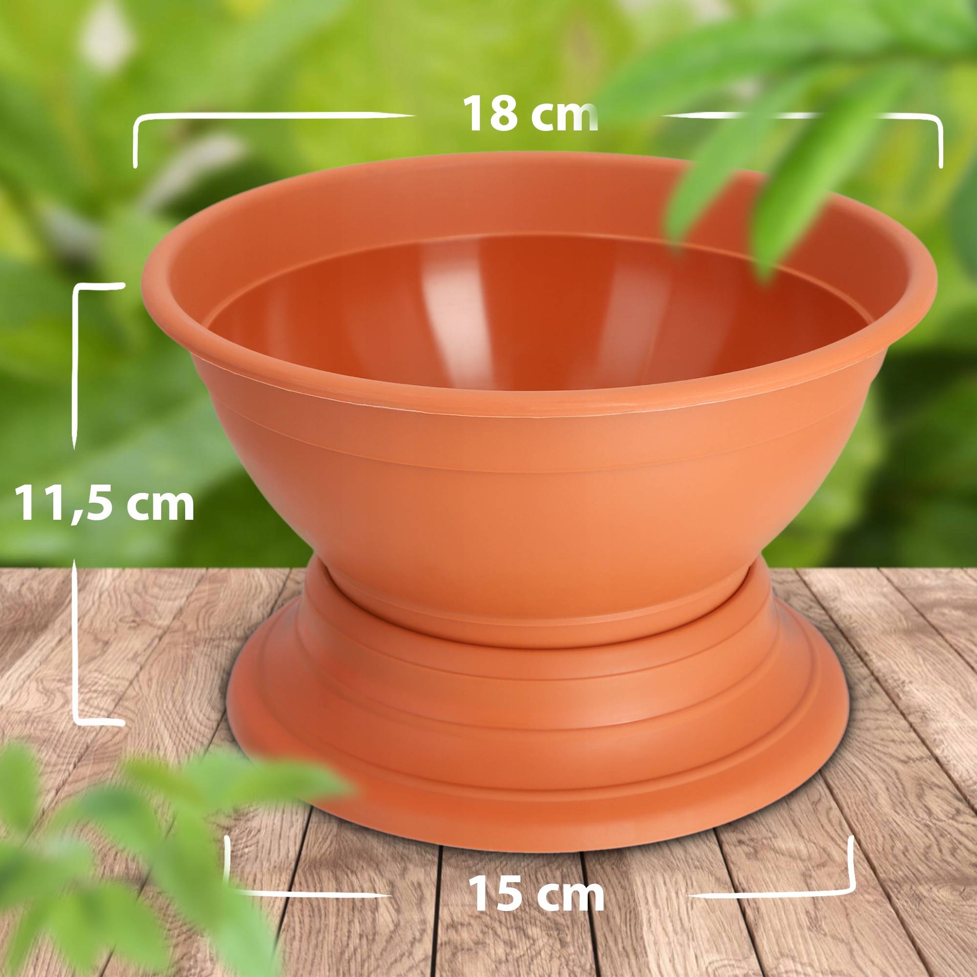 Pot à fleurs avec pied - En plastique résistant aux intempéries - Diamètre: 18 cm - Couleur terre - Image 2