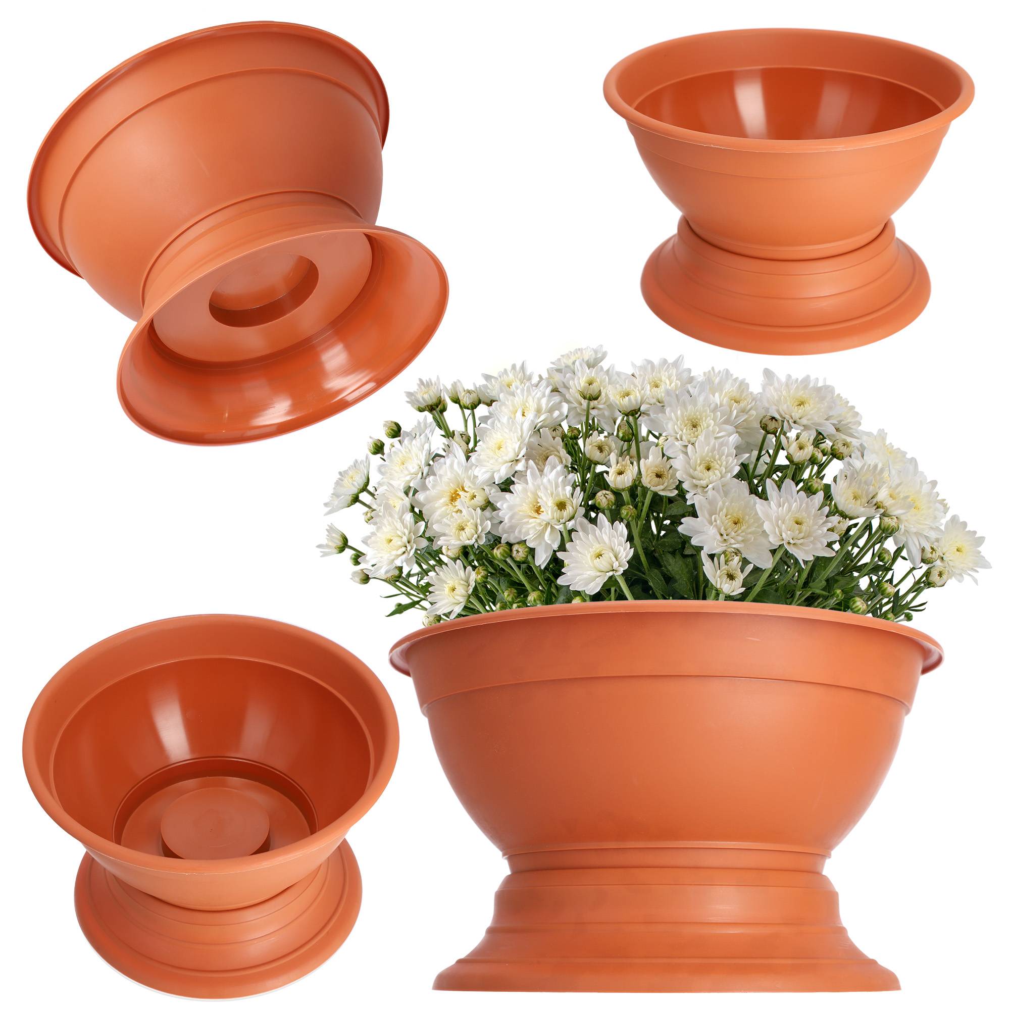 Pot à fleurs avec pied - En plastique résistant aux intempéries - Diamètre: 18 cm - Couleur terre - Image 1