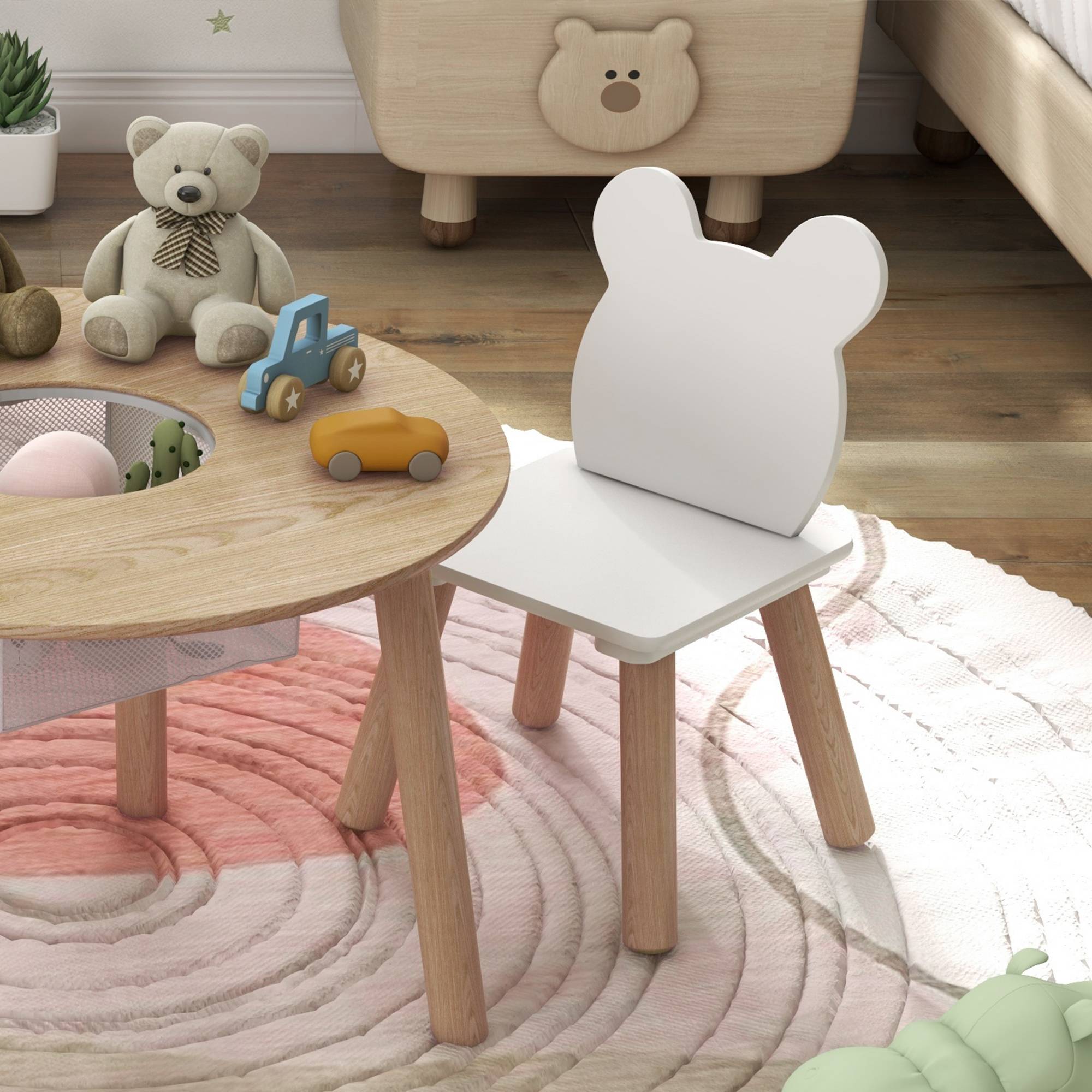 Ensemble table et 2 chaises en bois pour enfants de 3 à 6 ans, avec dossier en forme d'ours et espace de rangement. - Image 10