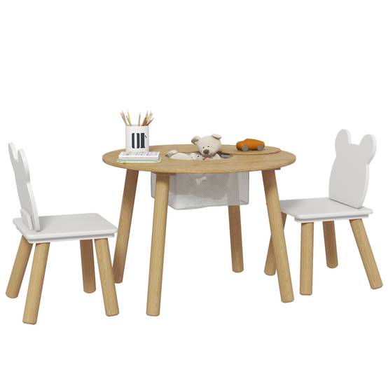 Ensemble table et 2 chaises en bois pour enfants de 3 à 6 ans, avec dossier en forme d'ours et espace de rangement. - Image 1