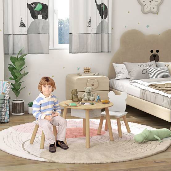 Ensemble table et 2 chaises en bois pour enfants de 3 à 6 ans, avec dossier en forme d'ours et espace de rangement. - Image 3