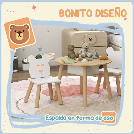 Ensemble table et 2 chaises en bois pour enfants de 3 à 6 ans, avec dossier en forme d'ours et espace de rangement. - Image 6