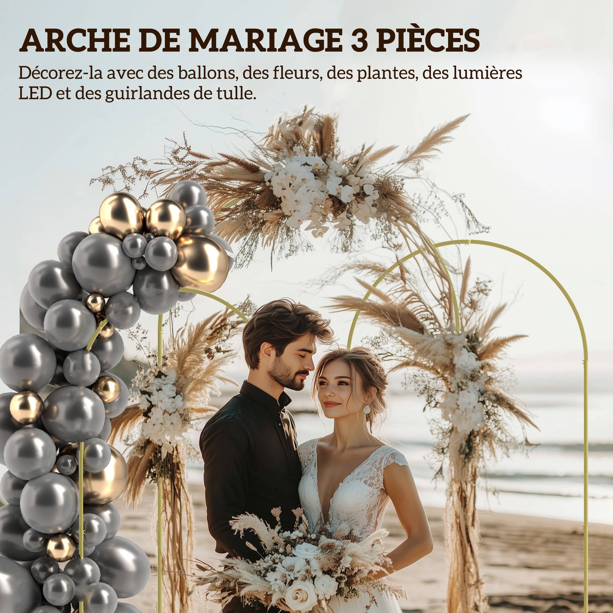 Outsunny - Lot de 3 supports d'arche de fond 2,2 m, 2 m, 1,8 m - pour mariage, fête d'anniversaire, fête prénatale - en métal doré - Outsunny - Image 5