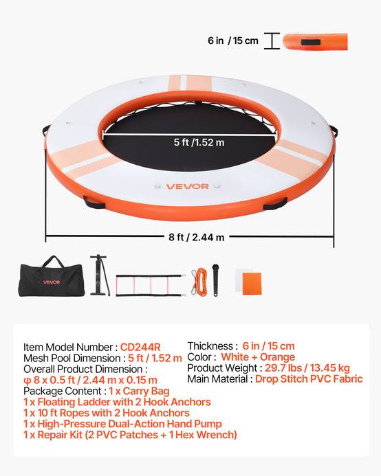 Vevor - VEVOR Quai Flottant Gonflable Plateforme de Quai Ronde 2,44 m Orange avec Sac - Image 7