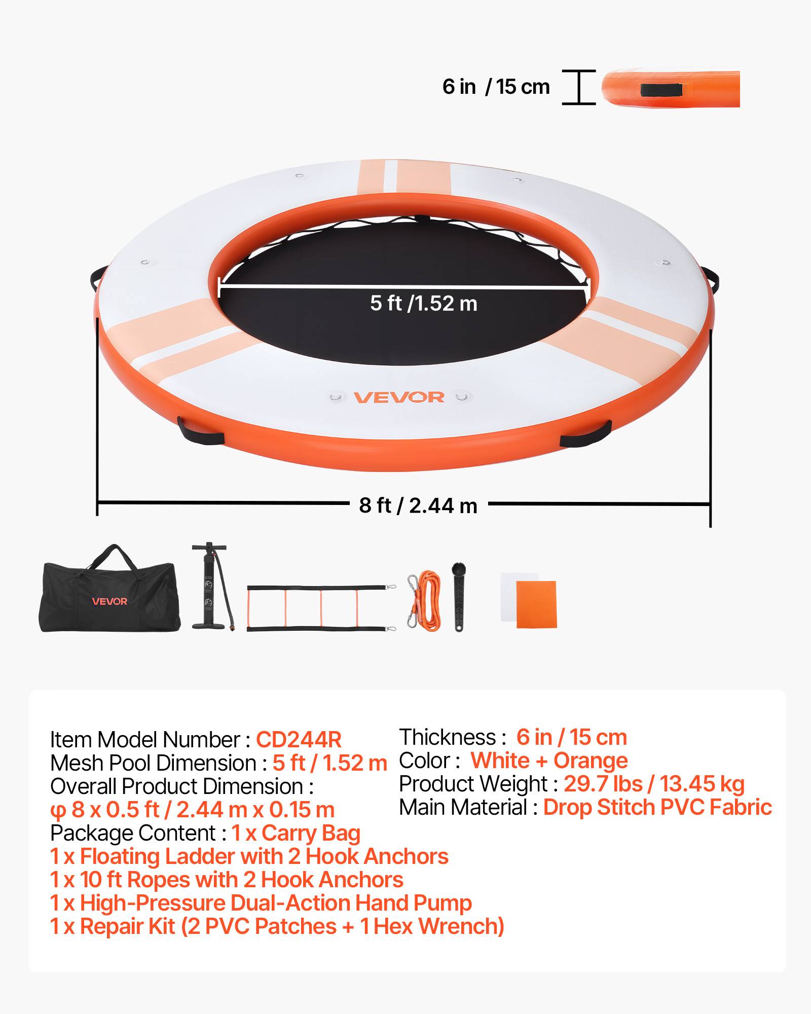 Vevor - VEVOR Quai Flottant Gonflable Plateforme de Quai Ronde 2,44 m Orange avec Sac - Image 7