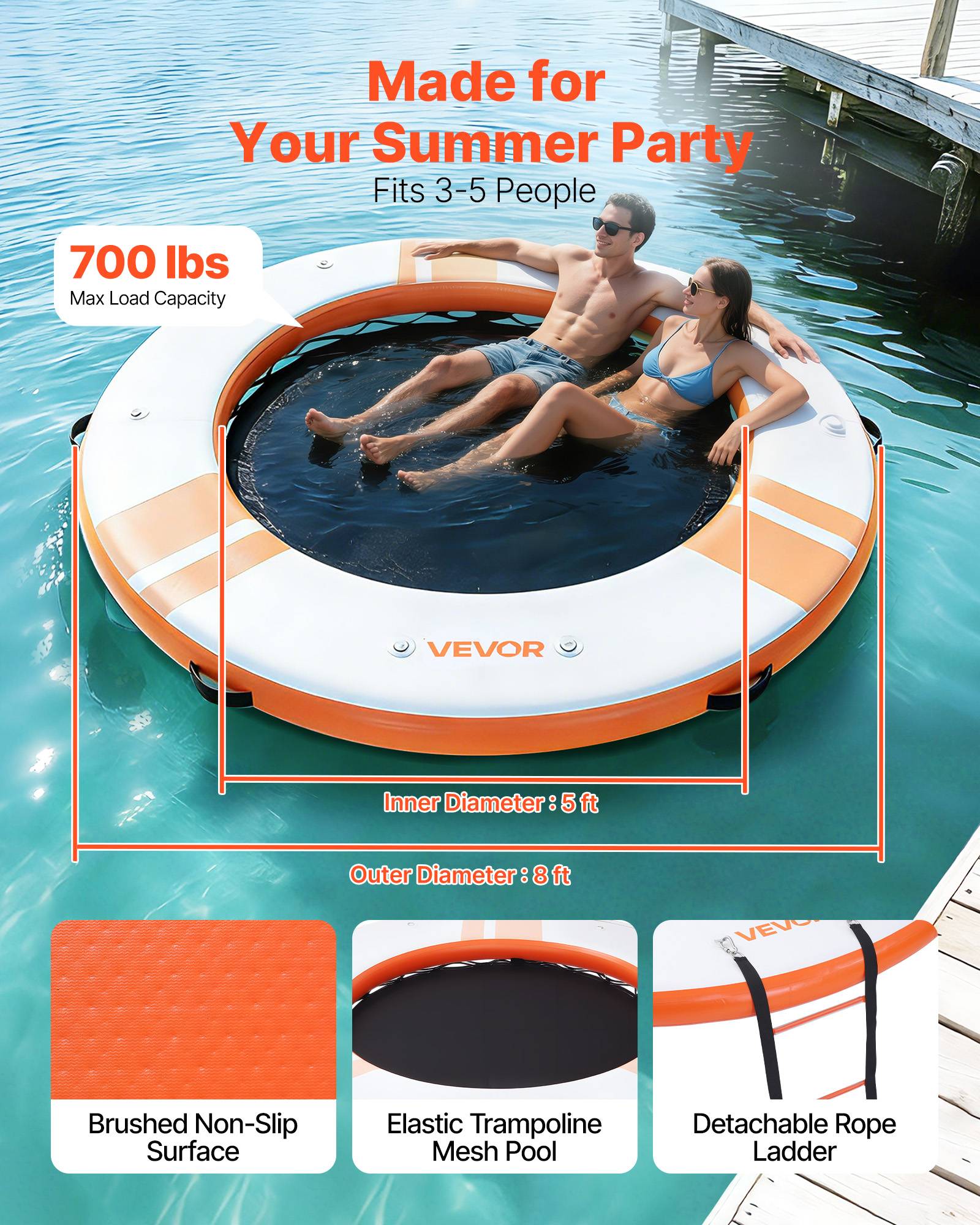 Vevor - VEVOR Quai Flottant Gonflable Plateforme de Quai Ronde 2,44 m Orange avec Sac - Image 2
