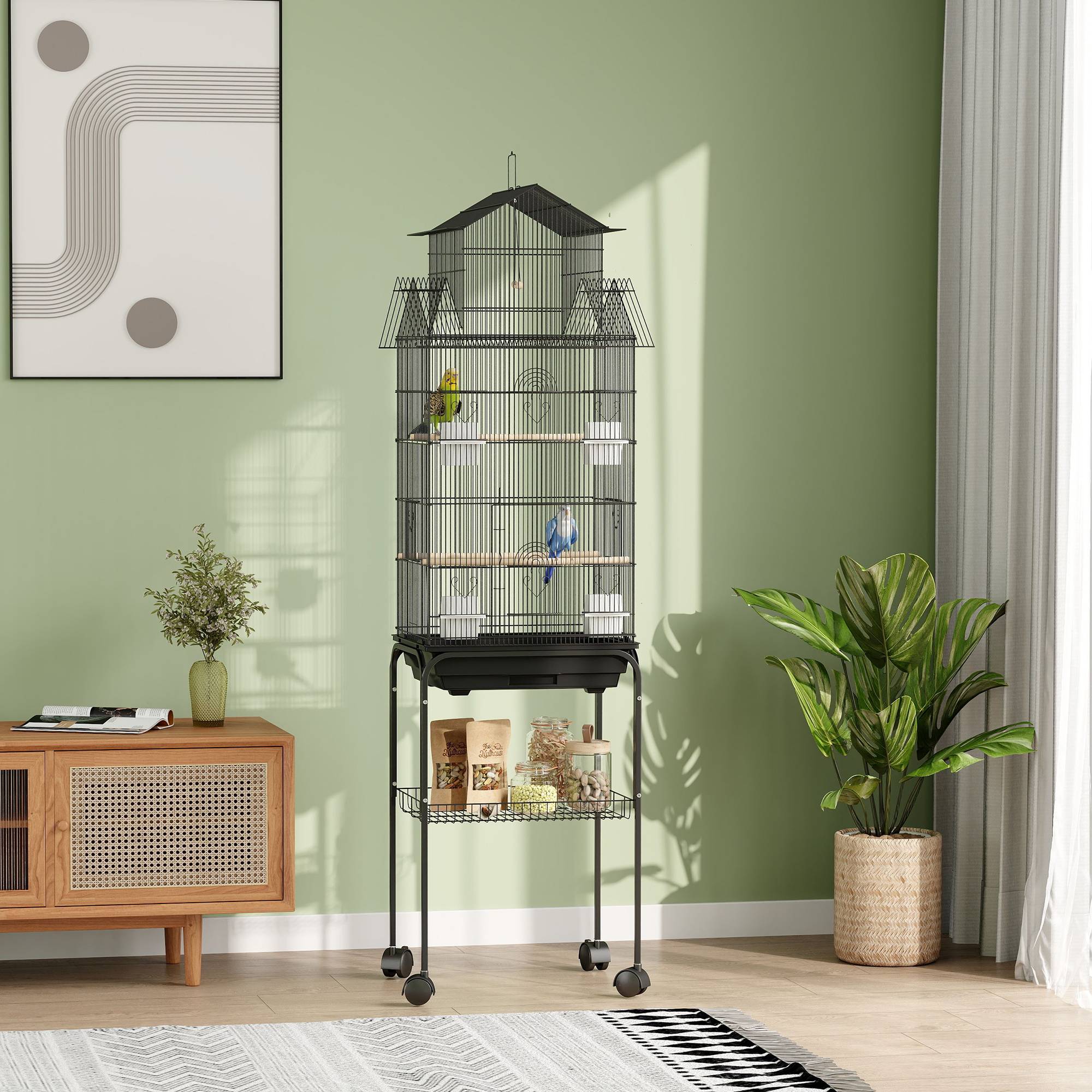 Cage à oiseaux sur pied, volière sur roulettes avec balançoire, support, design maison, 50,5 x 41 x 163 cm en acier noir - Image 4