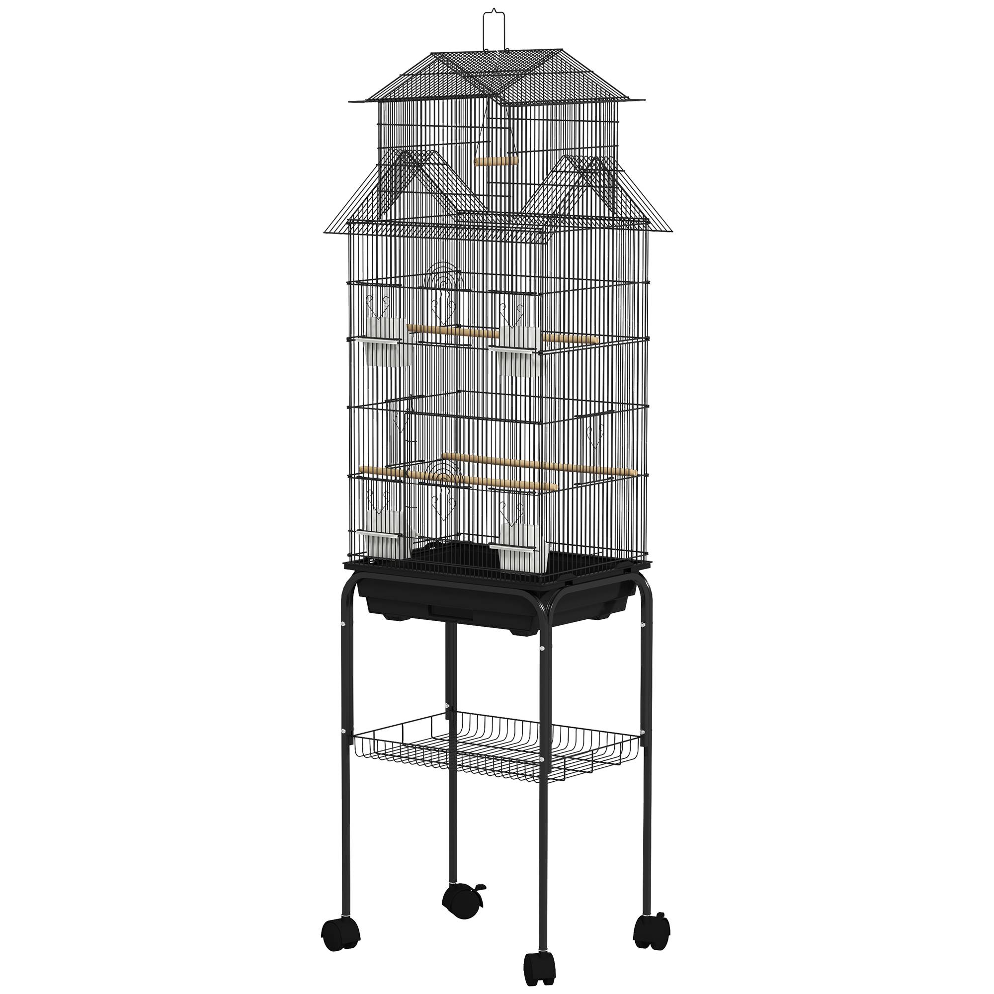 Cage à oiseaux sur pied, volière sur roulettes avec balançoire, support, design maison, 50,5 x 41 x 163 cm en acier noir - Image 2