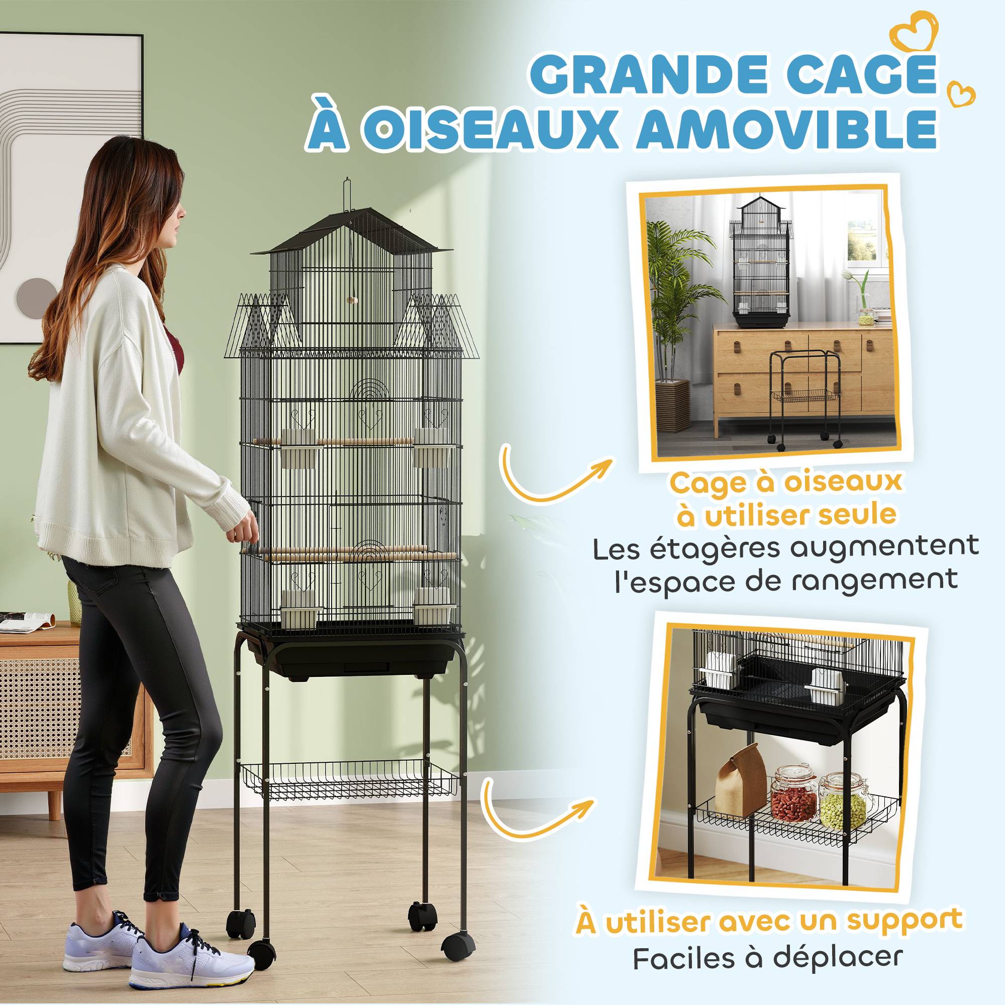 Cage à oiseaux sur pied, volière sur roulettes avec balançoire, support, design maison, 50,5 x 41 x 163 cm en acier noir - Image 10
