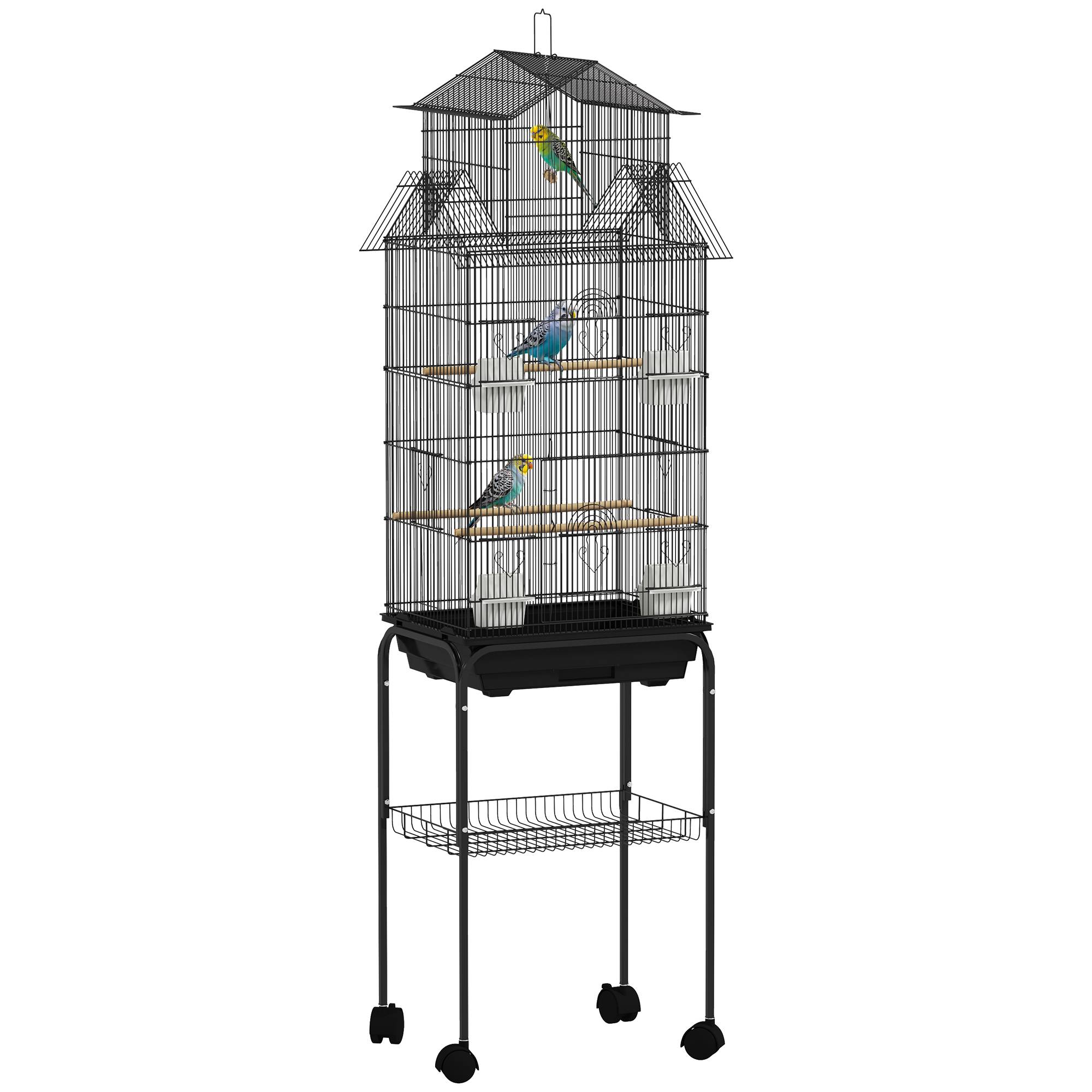 Cage à oiseaux sur pied, volière sur roulettes avec balançoire, support, design maison, 50,5 x 41 x 163 cm en acier noir - Image 1
