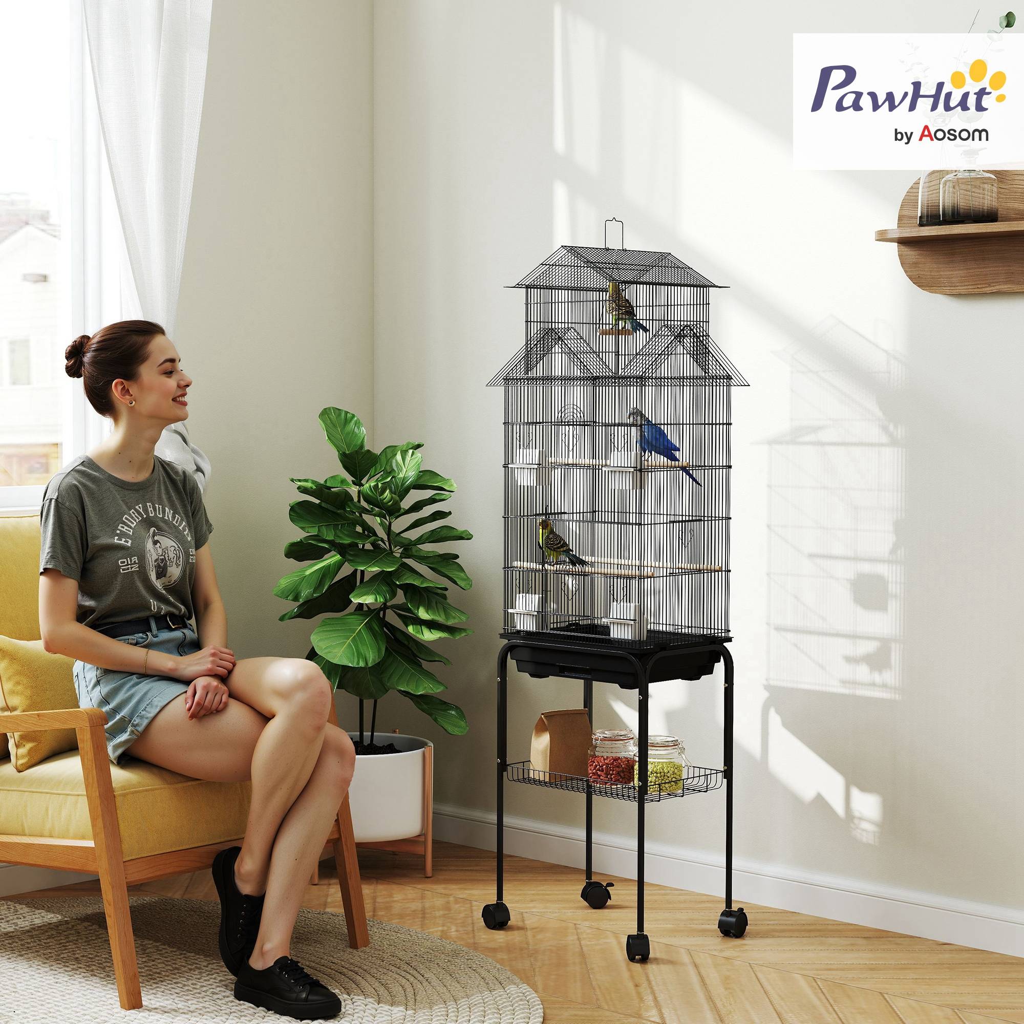 Cage à oiseaux sur pied, volière sur roulettes avec balançoire, support, design maison, 50,5 x 41 x 163 cm en acier noir - Image 3