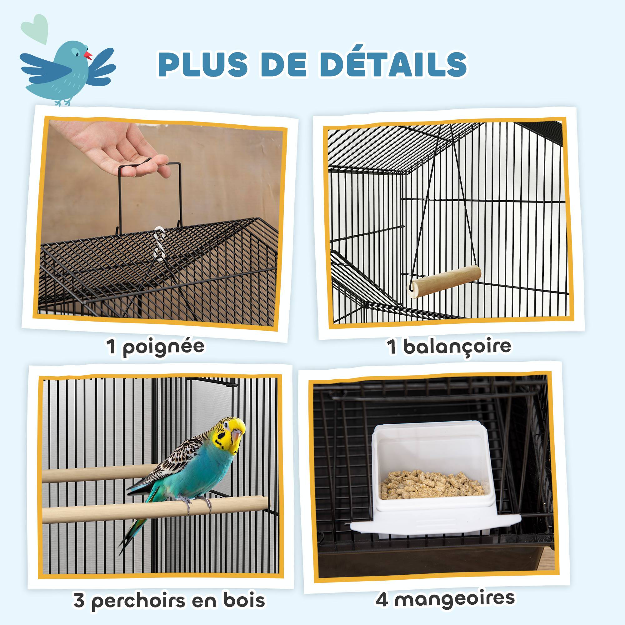 Cage à oiseaux sur pied, volière sur roulettes avec balançoire, support, design maison, 50,5 x 41 x 163 cm en acier noir - Image 6
