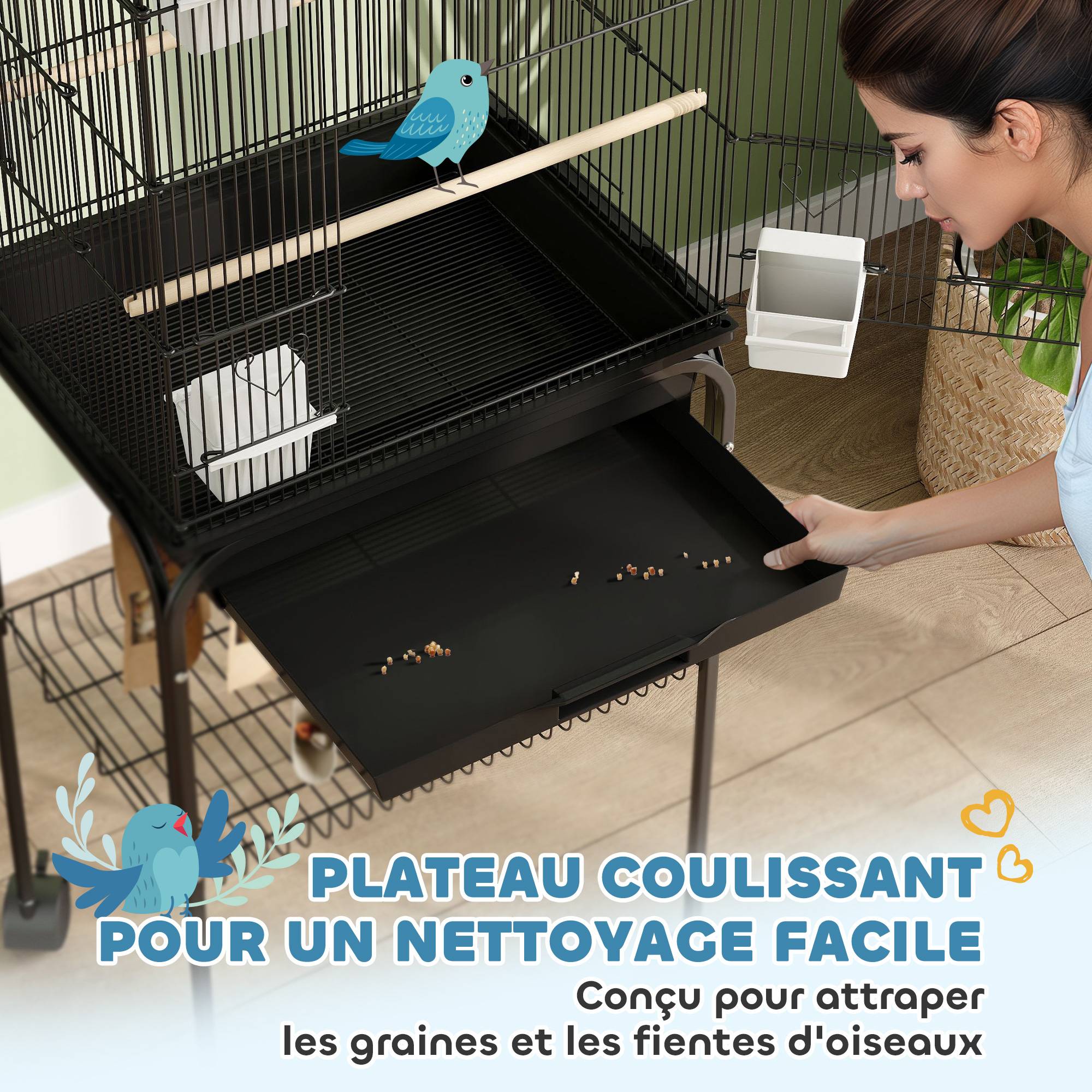 Cage à oiseaux sur pied, volière sur roulettes avec balançoire, support, design maison, 50,5 x 41 x 163 cm en acier noir - Image 7