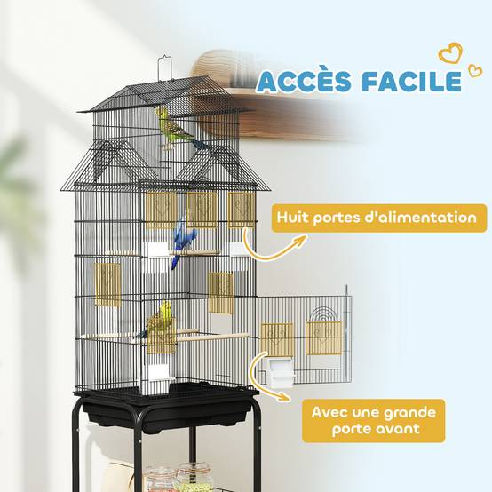 Cage à oiseaux sur pied, volière sur roulettes avec balançoire, support, design maison, 50,5 x 41 x 163 cm en acier noir - Image 8