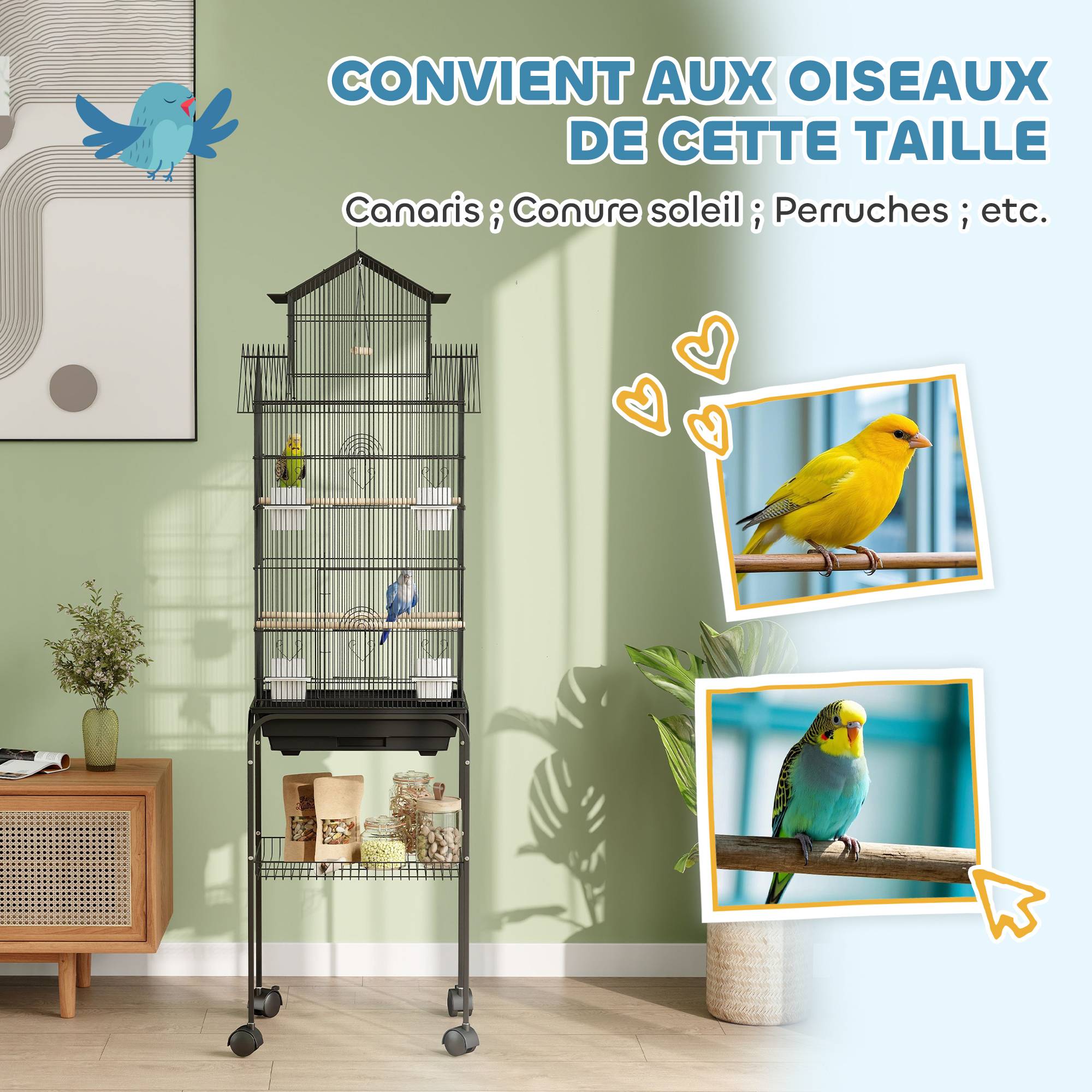 Cage à oiseaux sur pied, volière sur roulettes avec balançoire, support, design maison, 50,5 x 41 x 163 cm en acier noir - Image 9