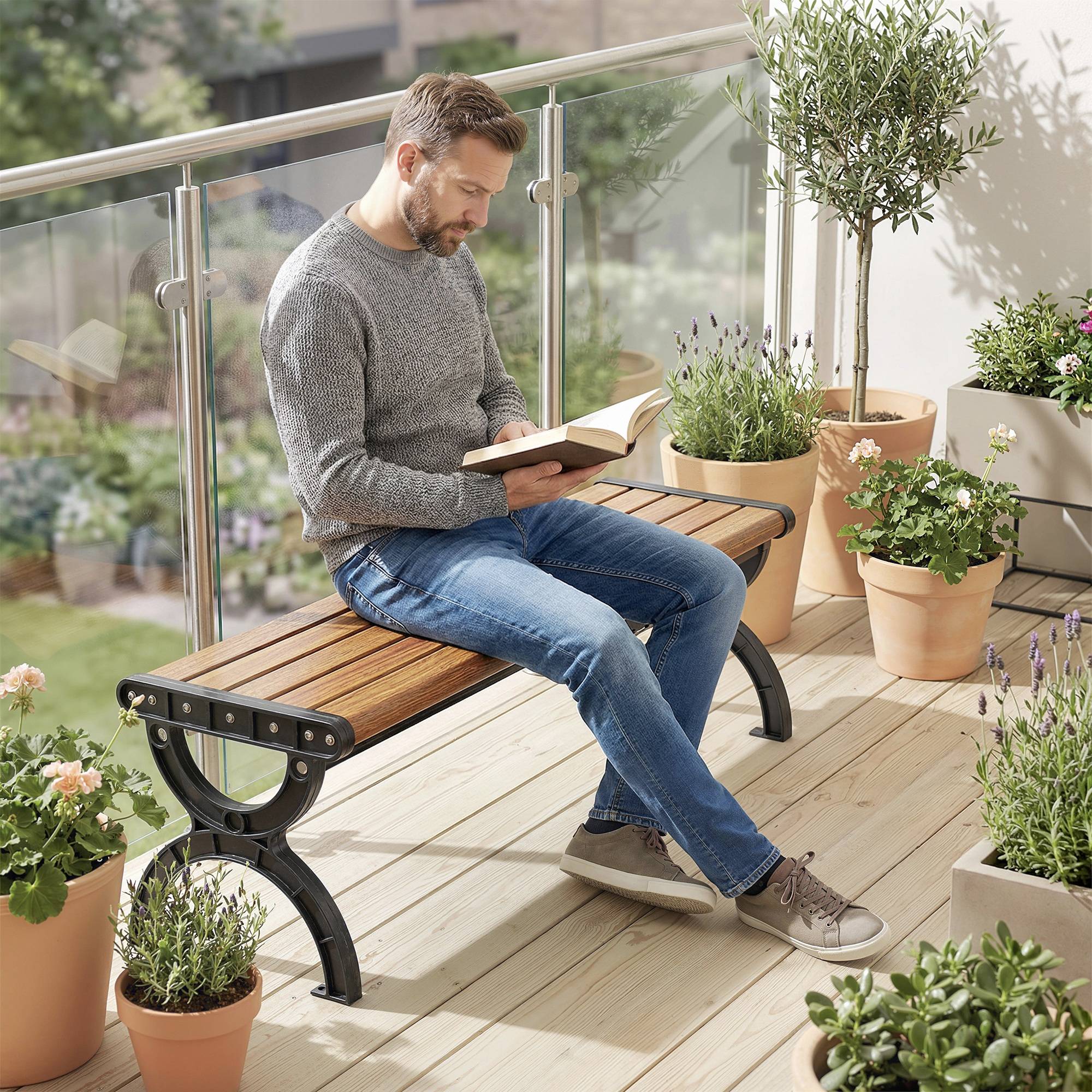 Banc de jardin 2 places avec cadre métallique et assise lamellaire, meuble de terrasse pour jardin et extérieur - Image 9