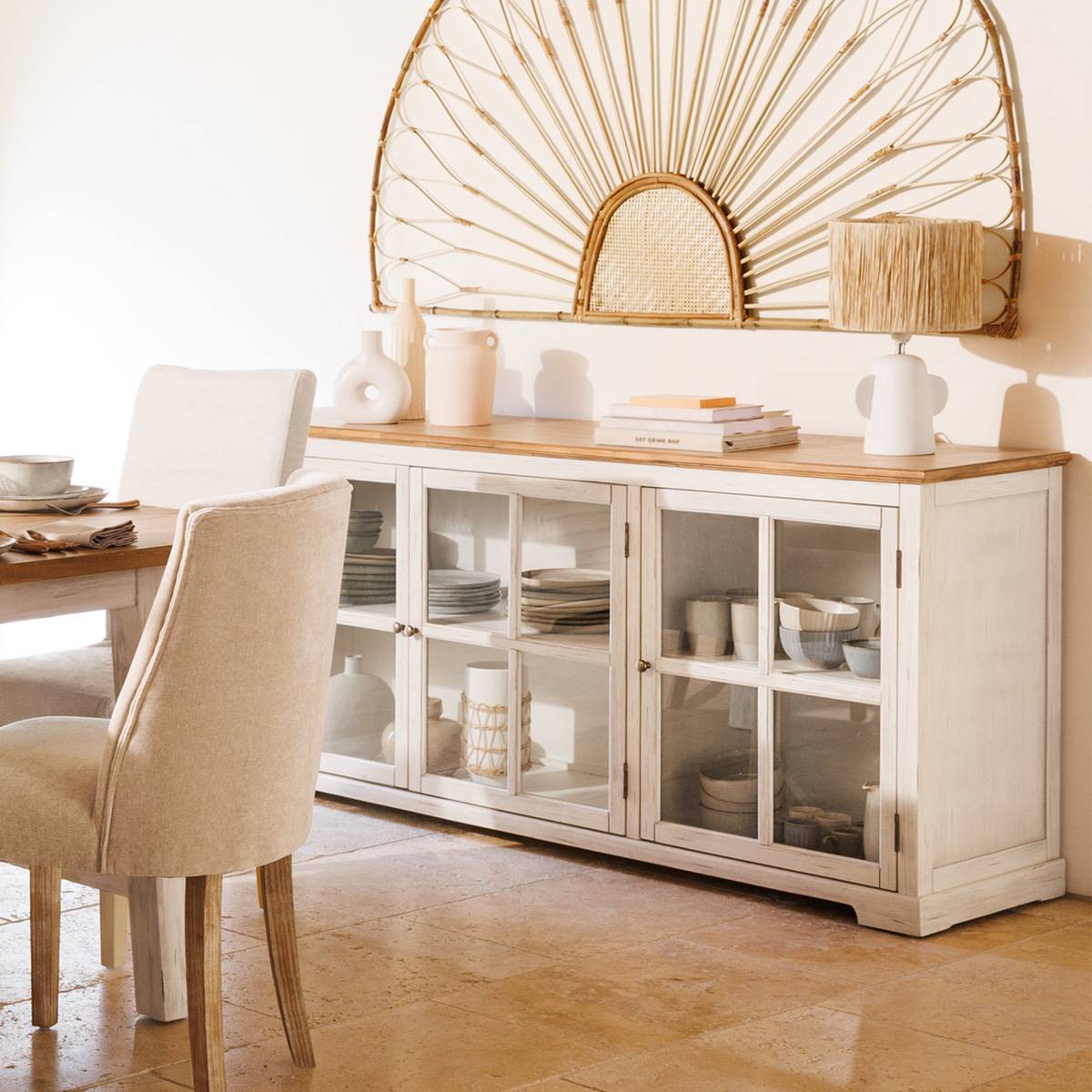 Atmosphera - Buffet 3 portes en verre "Olbia" 180x80cm blanc - Atmosphera Créateur d'intérieur