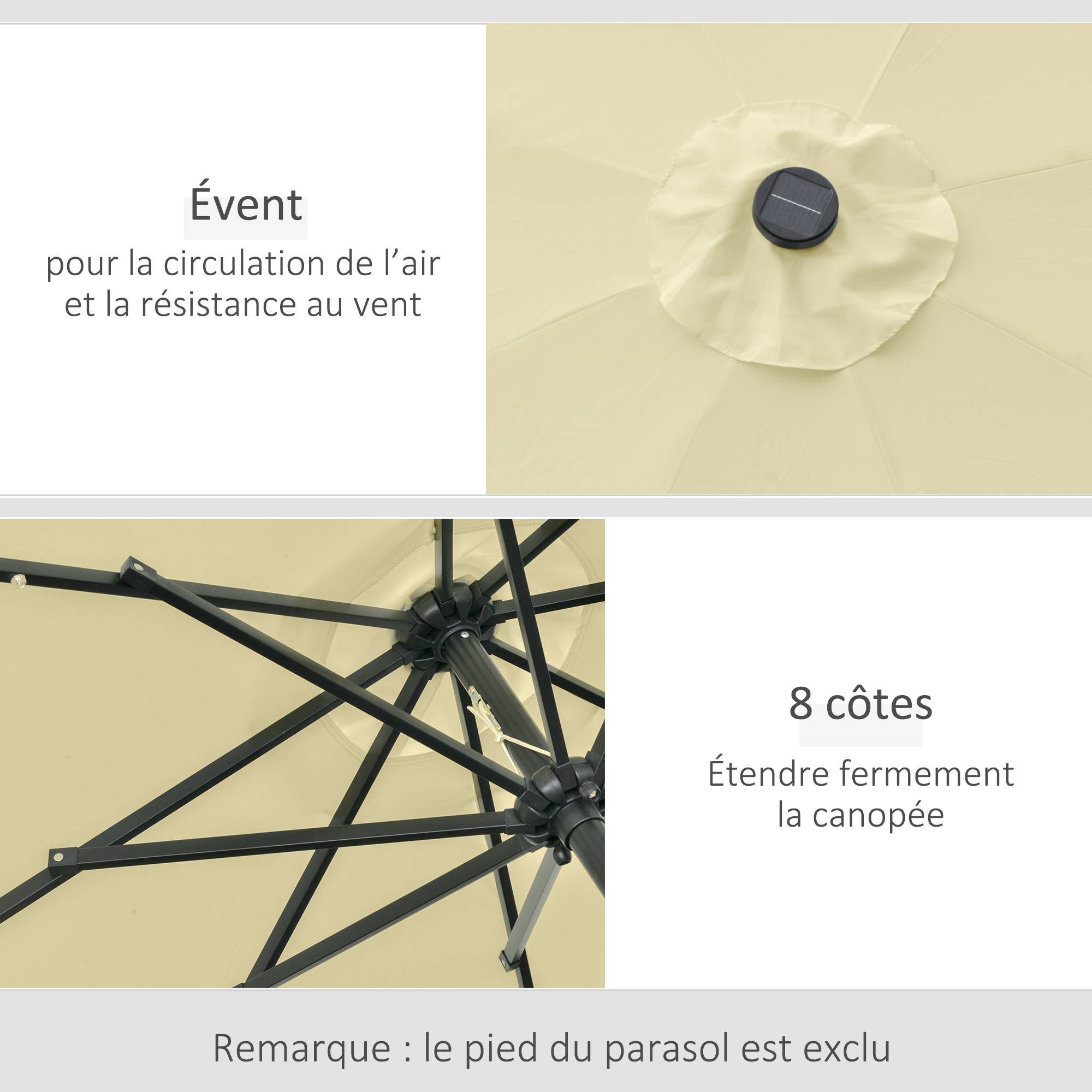 Parasol de Jardin Extérieur Rond Ø 265 cm, Lumières LED Solaires, Manivelle Inclinable, Mât en Acier, 8 Baleines, Beige - Image 7