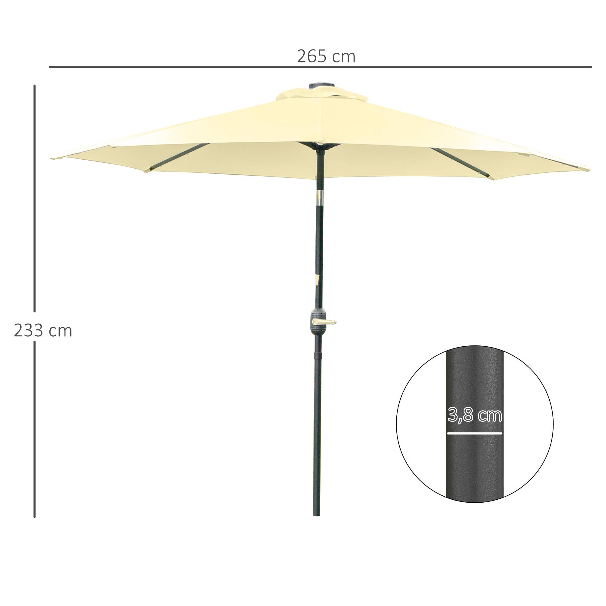 Parasol de Jardin Extérieur Rond Ø 265 cm, Lumières LED Solaires, Manivelle Inclinable, Mât en Acier, 8 Baleines, Beige - Image 5