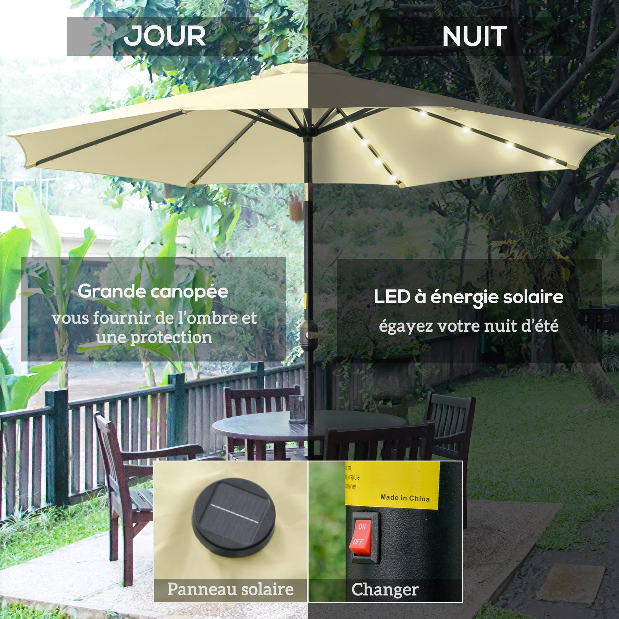 Parasol de Jardin Extérieur Rond Ø 265 cm, Lumières LED Solaires, Manivelle Inclinable, Mât en Acier, 8 Baleines, Beige - Image 6